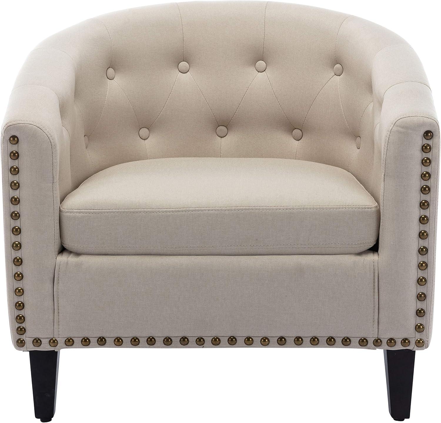 White Linen Tufted Barrel Chair with Wooden Legs