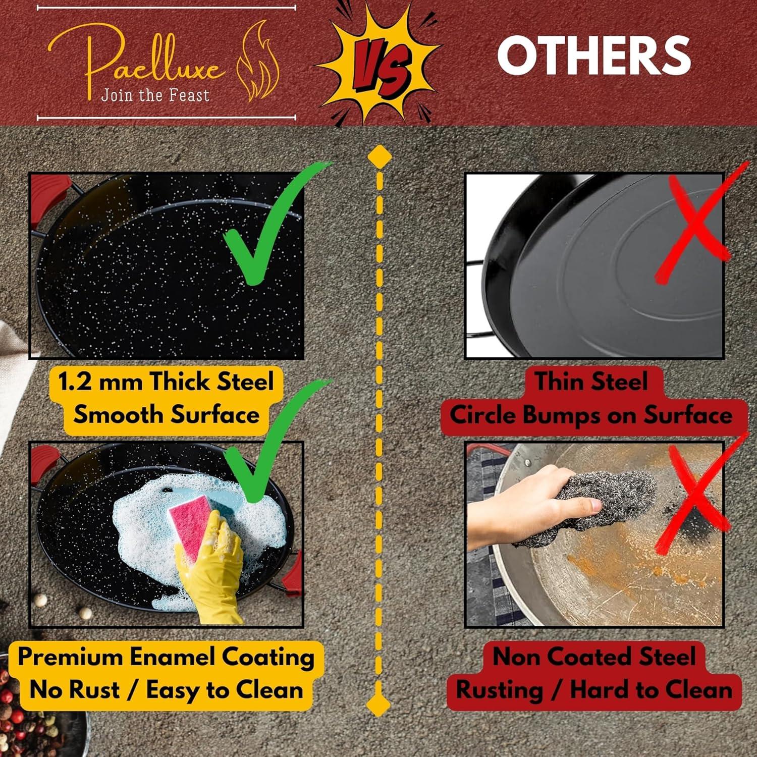 Paelluxe 22 Inch Paella Pan 16 Servings - Enamelled No Rust Easy to Clean Steel Pan Propane - Gas Burners for Cooking - Indoor & Outdoor Cooking Skillet - Cacerola Paellera Sarten - Mother's Day Gift