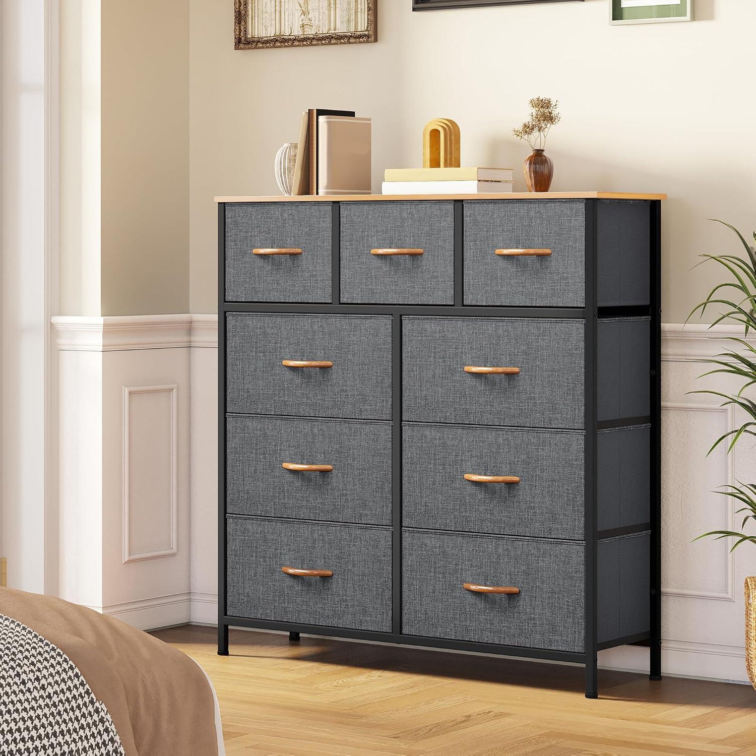 YITAHOME Dresser for Bedroom with 9 Drawers, Fabric Storage Dresser, Closet & Chest of Drawers for Living Room, Closets - Sturdy Steel Frame, Wooden Top & Easy Pull Fabric Bins(Dark Grey)