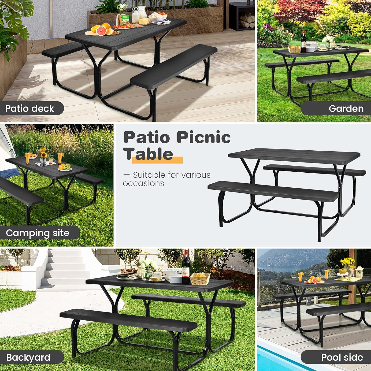 Costway Picnic Table Bench Set Outdoor Backyard Iron Patio Garden Party Dining All Weather Black