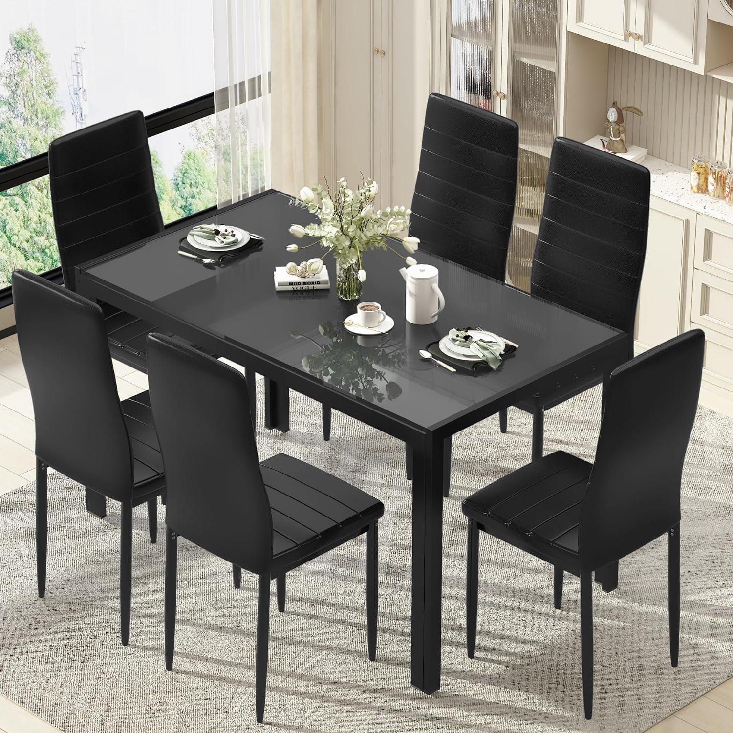 Best Choice Products 7-Piece Kitchen Dining Table Set w/ Glass Tabletop, 6 Faux Leather Chairs