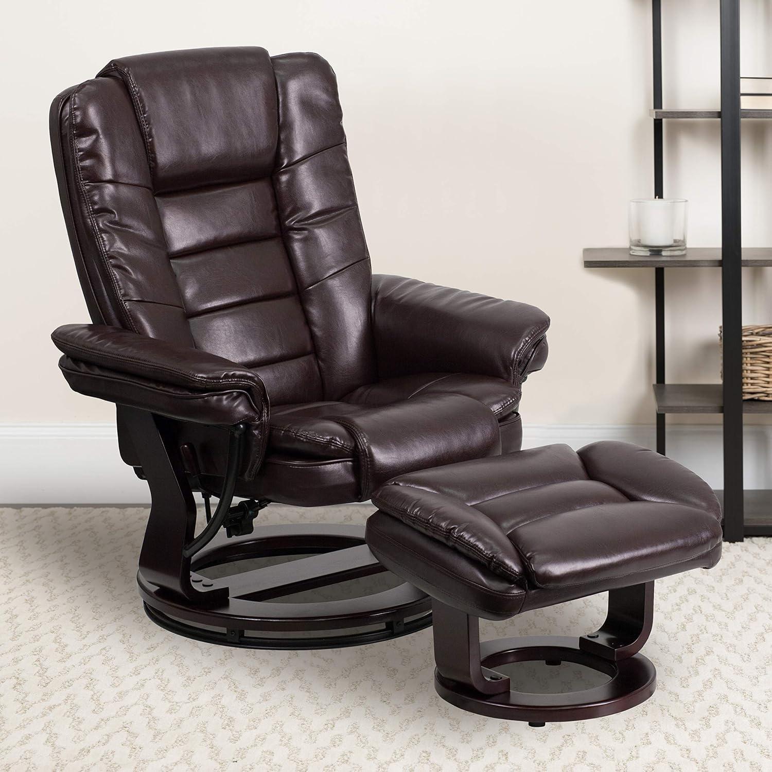 BizChair Contemporary Multi-Position Recliner with Horizontal Stitching and Ottoman with Swivel Mahogany Wood Base in Brown LeatherSoft