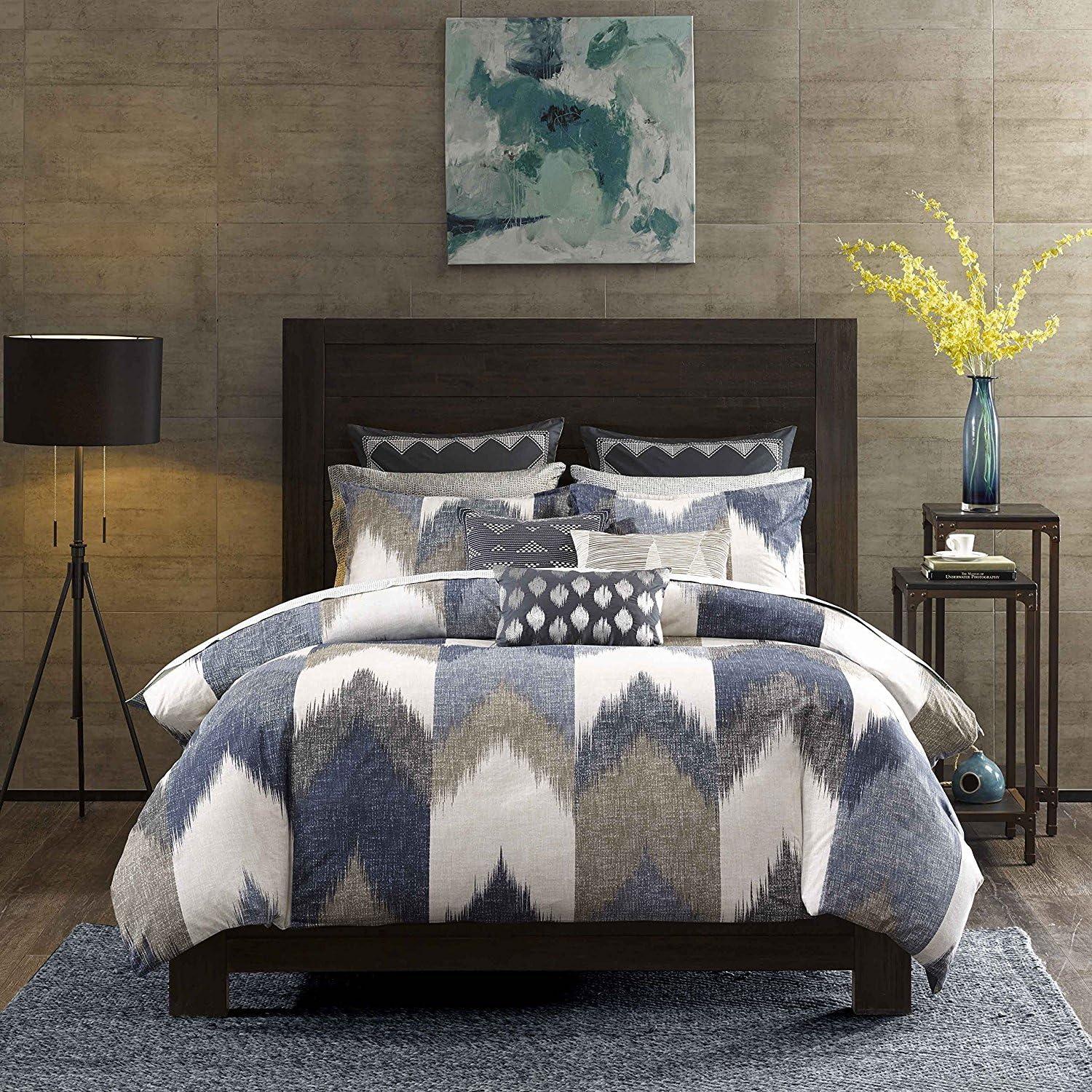 Full/Queen Navy Cotton Ikat Chevron Duvet Cover Set