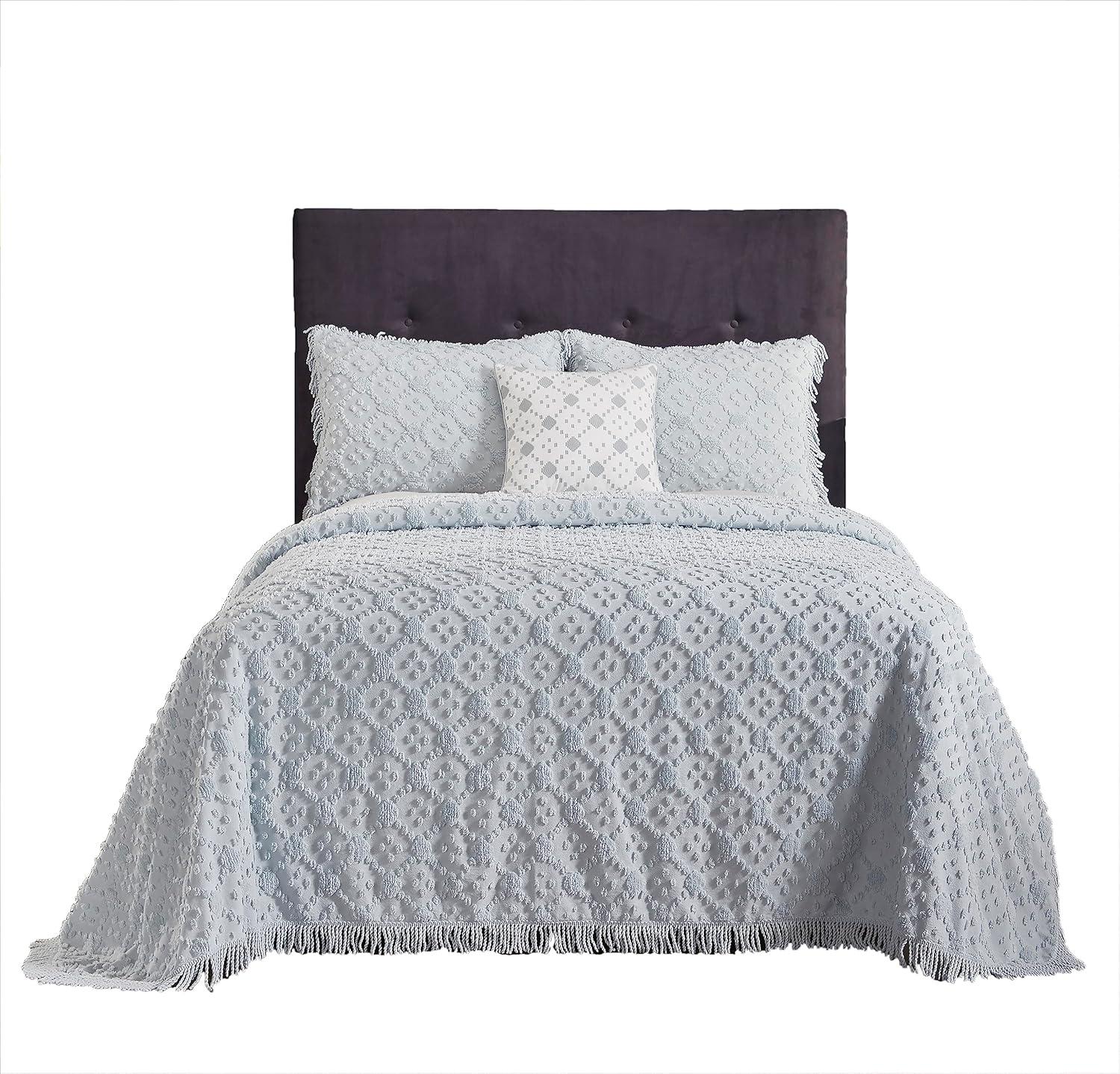 Better Trends Charleston Collection 100% Cotton Bedding sets, Machine Washable Soft and Breathable 4-piece Chenille Bedspread & Sham with Geometric Embroidery, All season