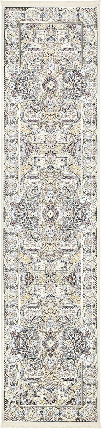 Ivory and Blue Synthetic Traditional Runner Rug, 3' x 13'