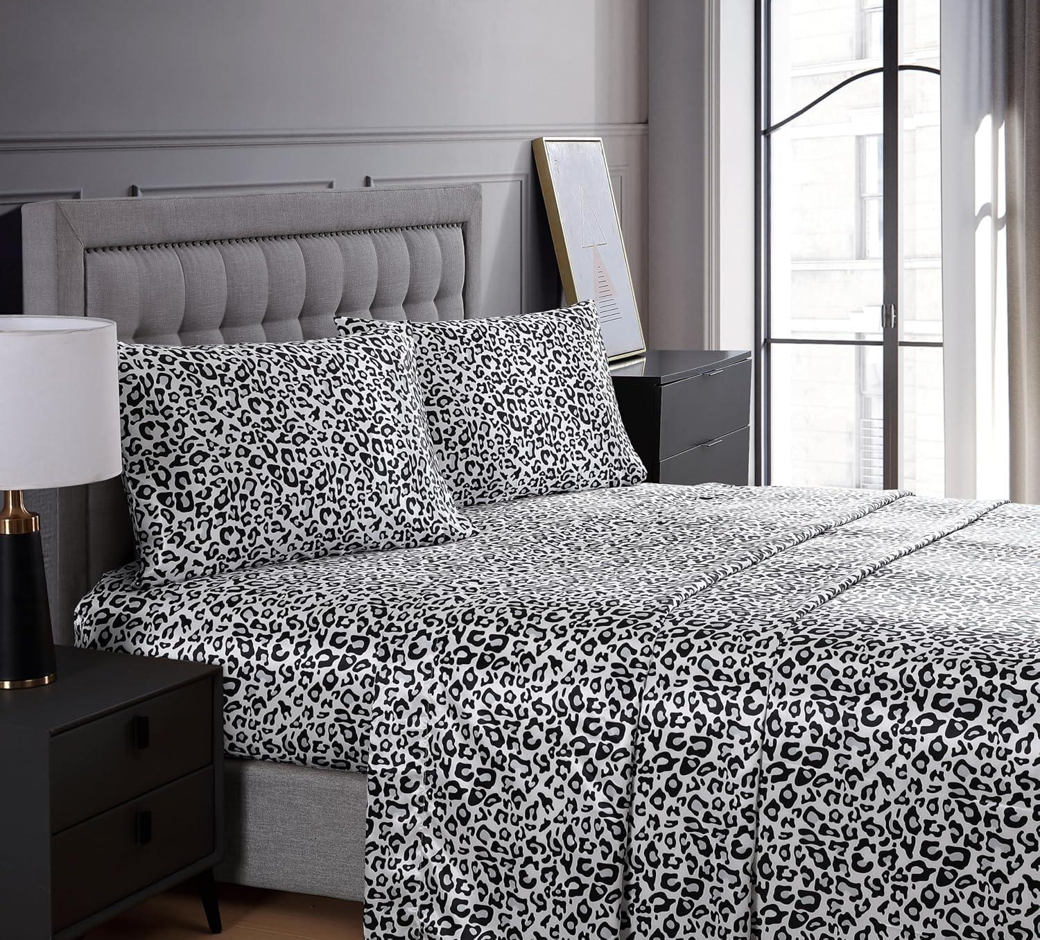 Queen Silver Satin Polyester Snow Leopard Print Sheet Set
