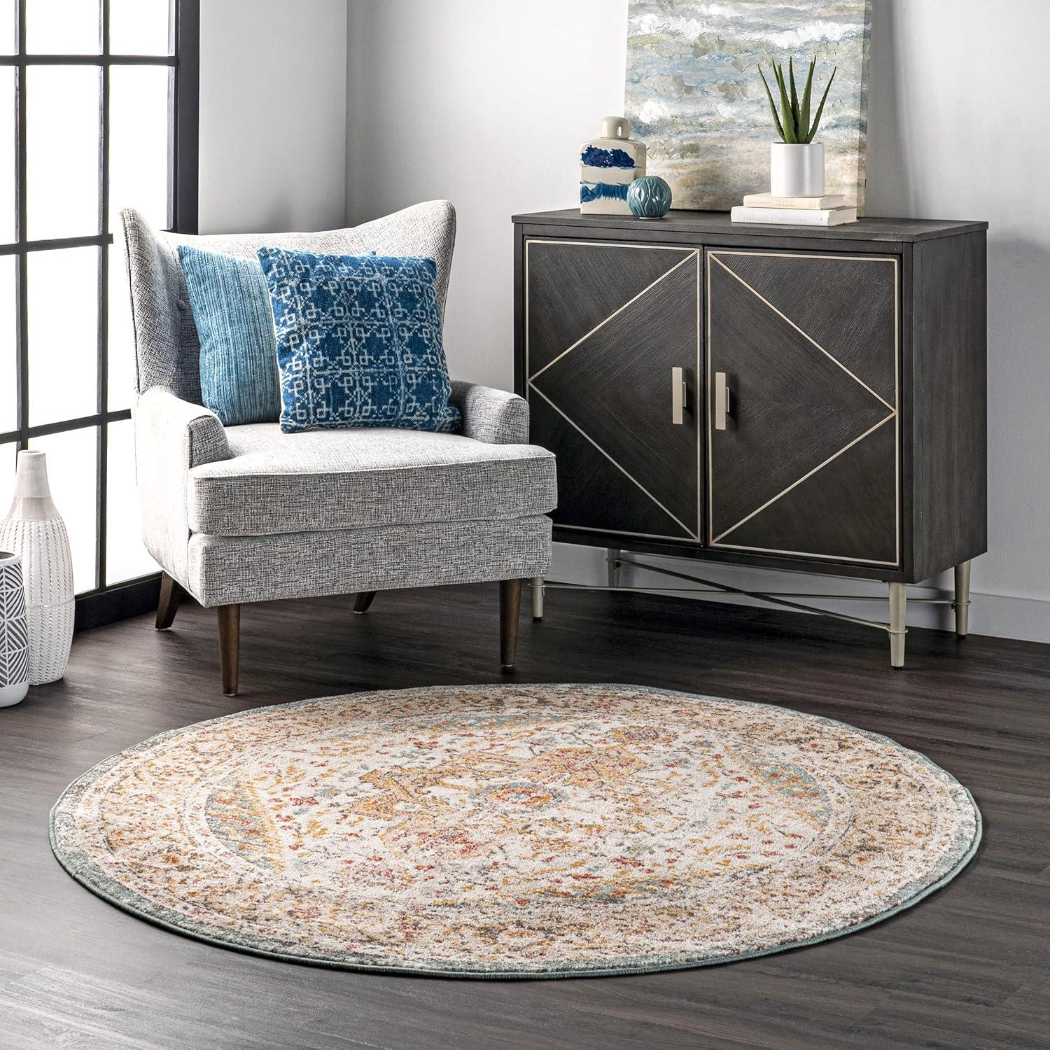 Nuloom 5 Round Justine Vintage Medallion Indoor Area Rug, Beige, Faded Persian Design, Stain Resistant, BedroomLiving Room, Kitchen,