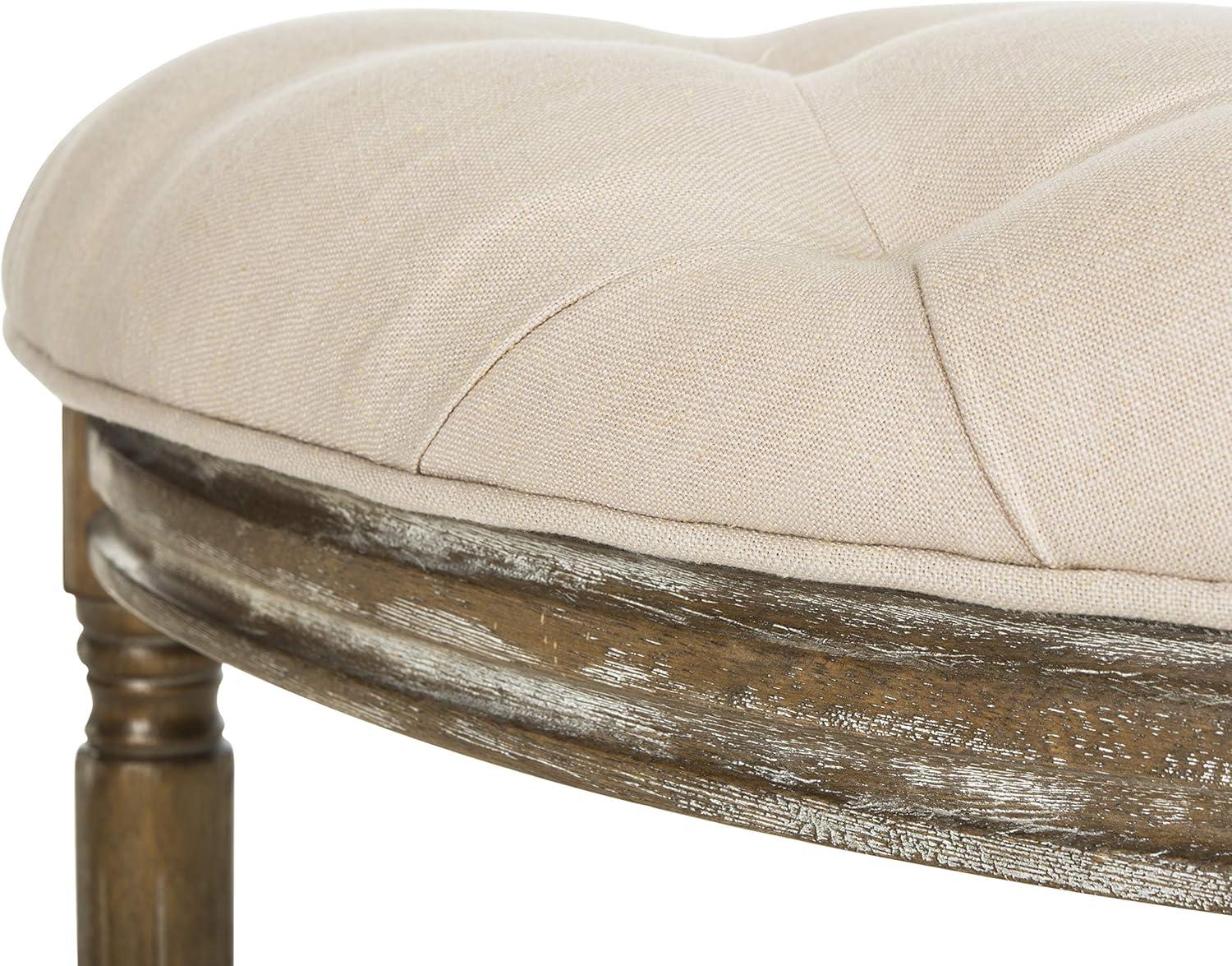 Parisian Elegance Beige Linen and Rustic Oak Tufted Semi-Circle Bench