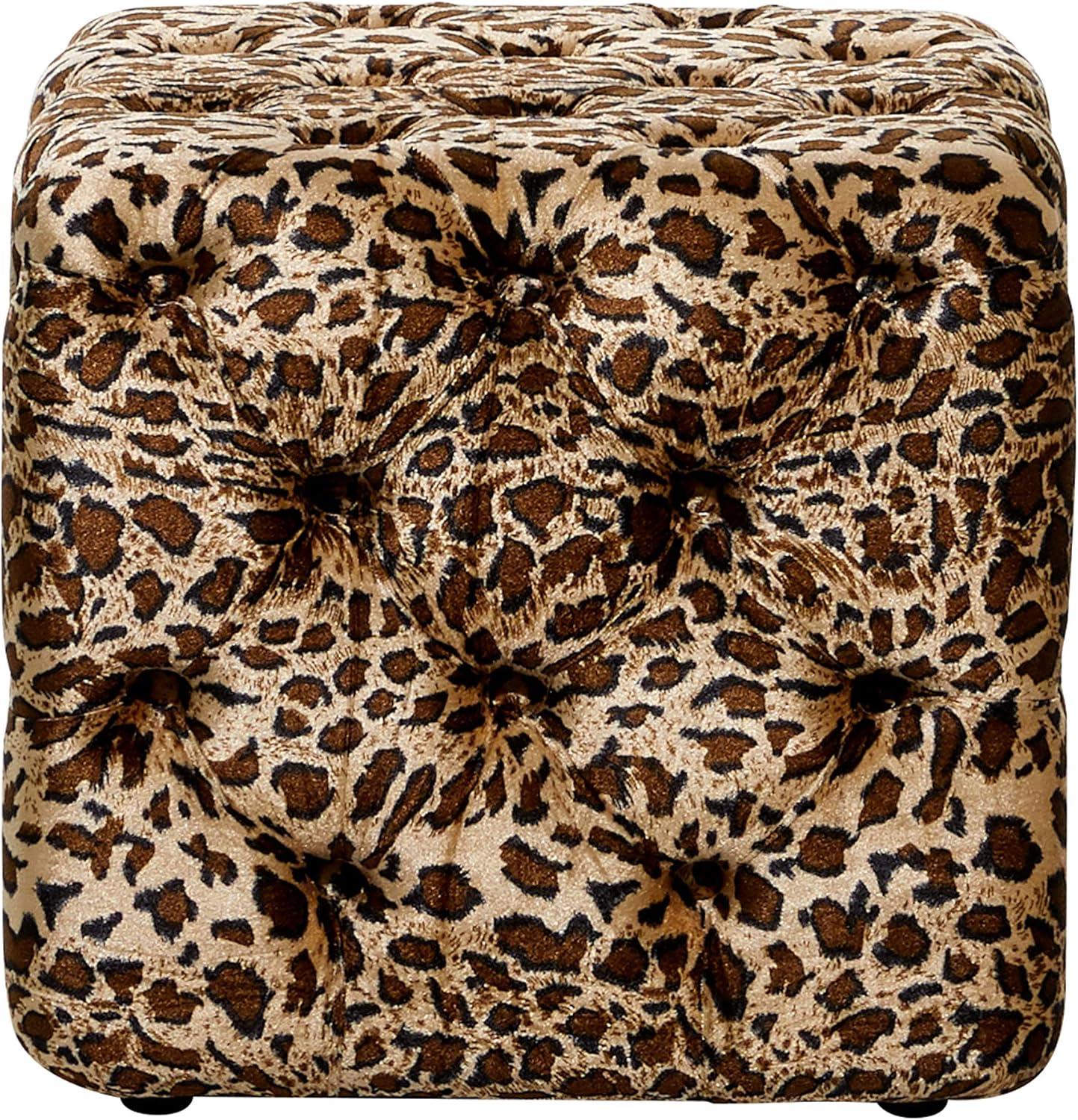 Chic Leopard Print Tufted Footstool in Brown Cotton 18"x19"