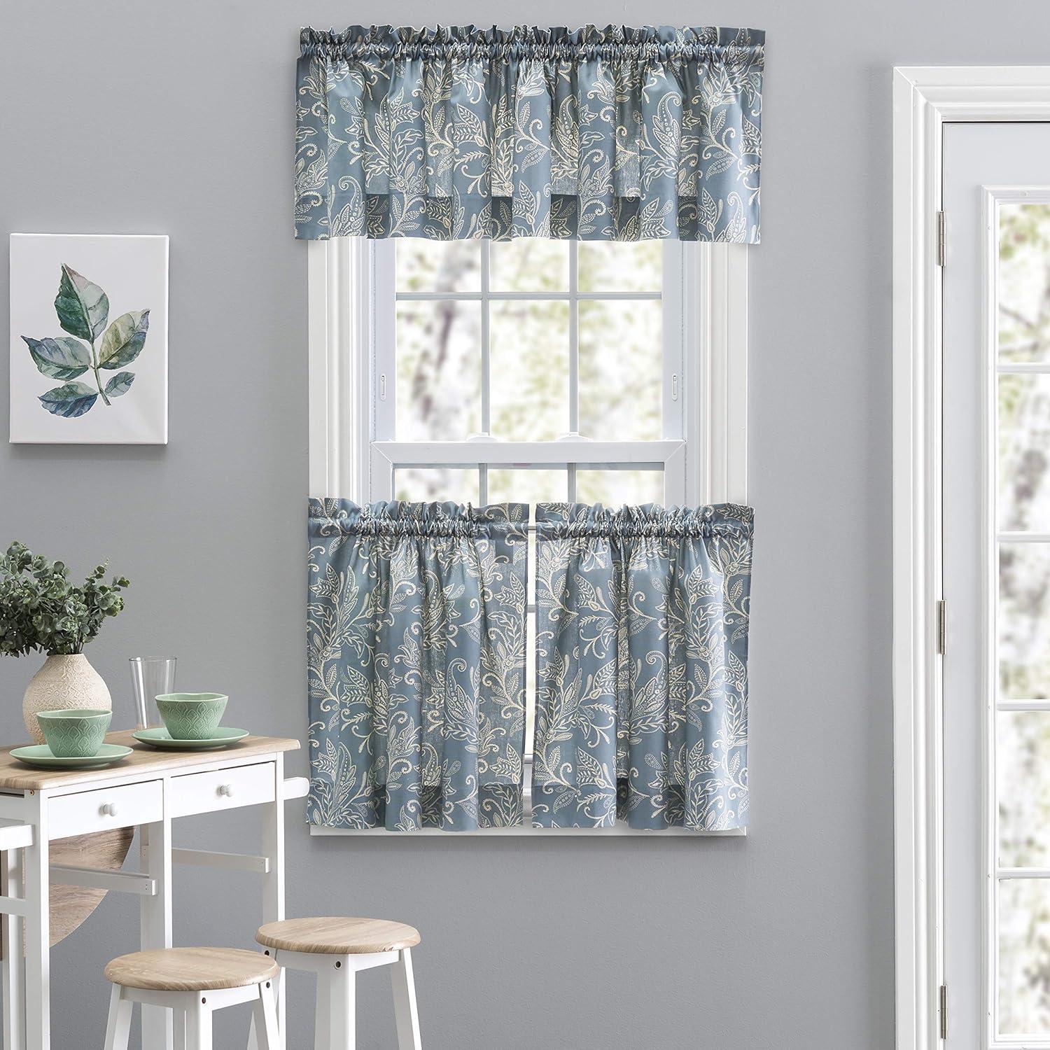 Ellis Curtain Lexington Leaf Pattern on Colored Ground Curtain Tiers Blue