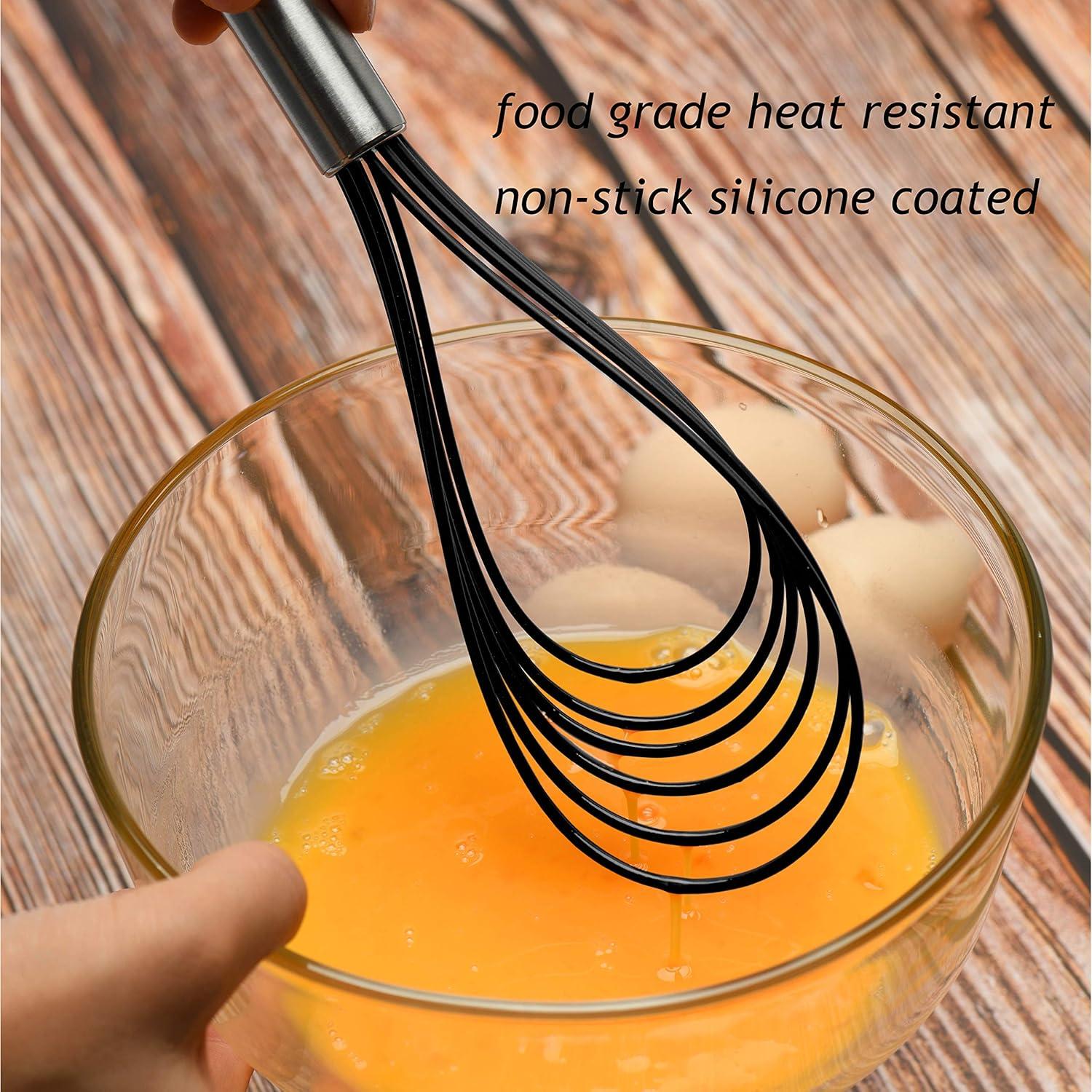 Flat Whisks Stainless Steel,3 Pack 10''+11''+12'' Set Premium Sturdy-6 Silicone Heads Non Stick Wires Whisk for Blending Beating Stirring Kitchen Cooking Color Grey