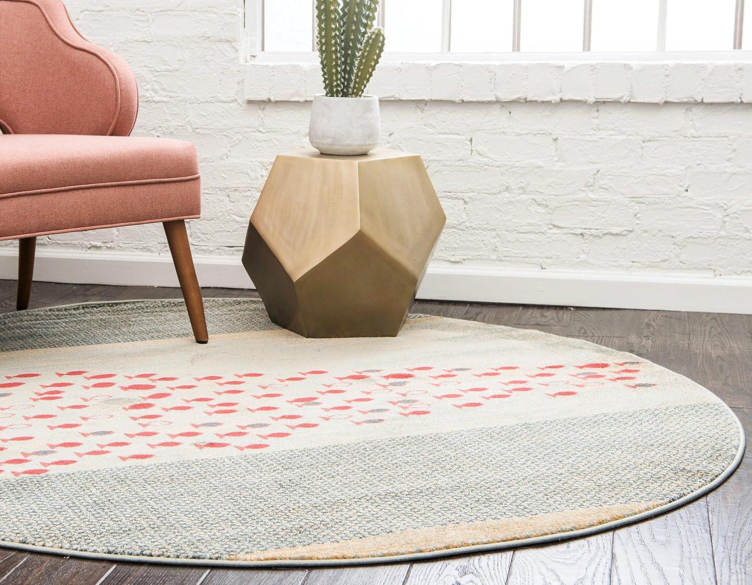 Blue and Light Blue Round Synthetic Easy Care Rug