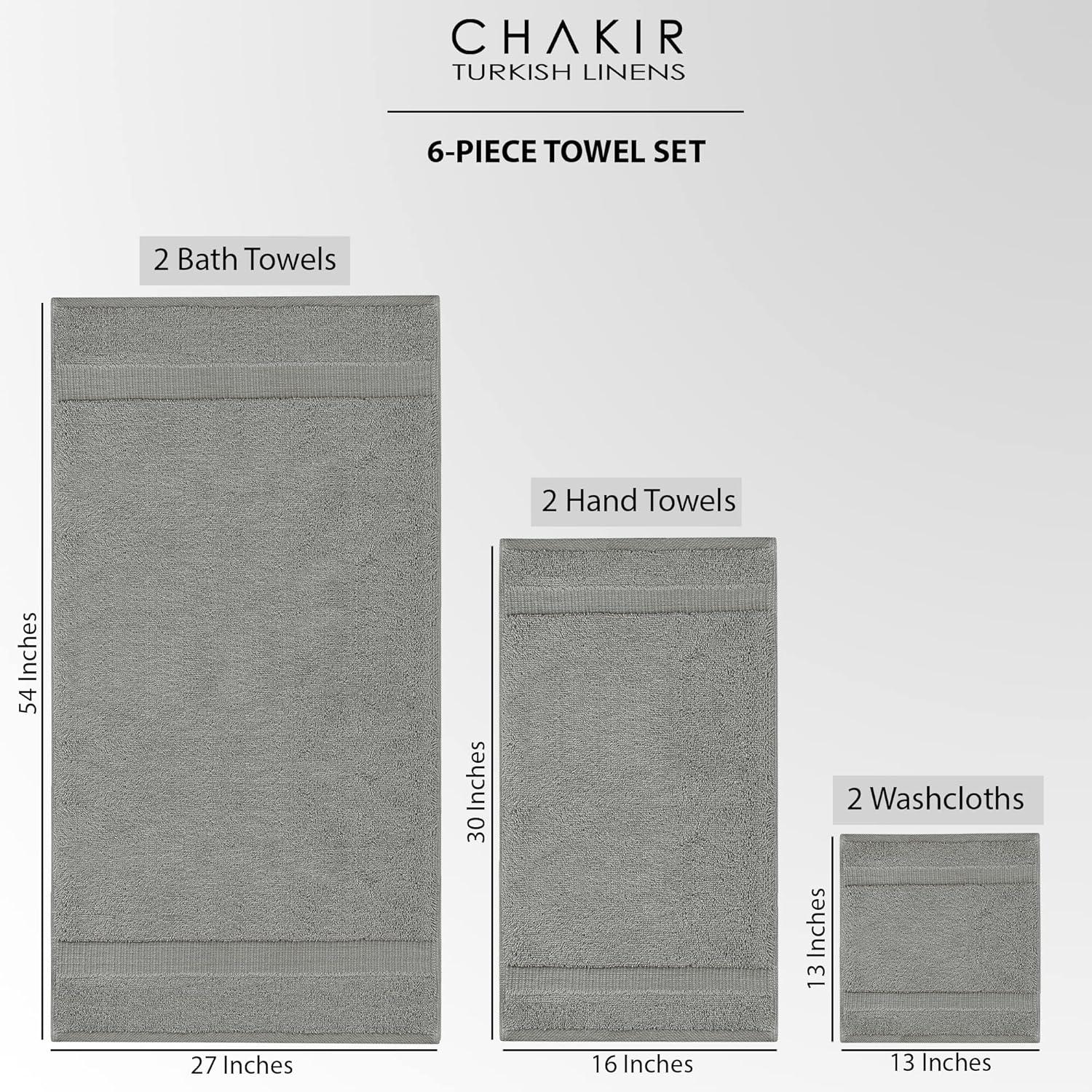 Chakir Turkish Linens 100% Cotton Premium Turkish Towels for Bathroom | 2 Bath Towels - 2 Hand Towels, 2 Washcloths (6-Piece Towel Set, Gray)