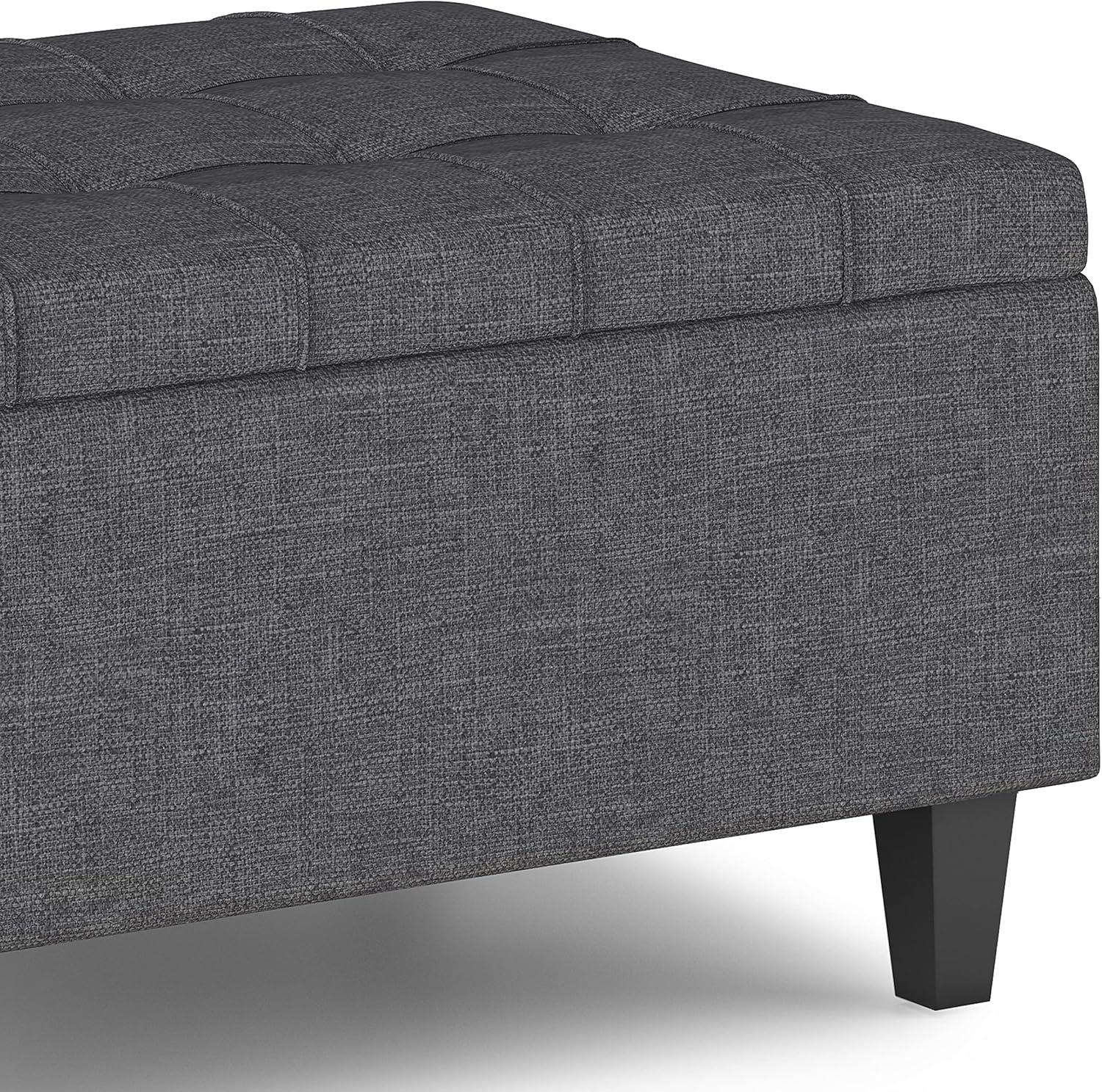 Simpli Home Harrison Small Coffee Table Storage Ottoman in Slate Grey Linen Look