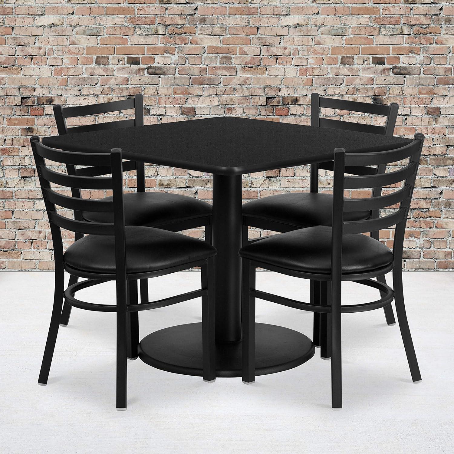 BizChair 36'' Square Black Laminate Table Set with Round Base and 4 Ladder Back Metal Chairs - Black Vinyl Seat