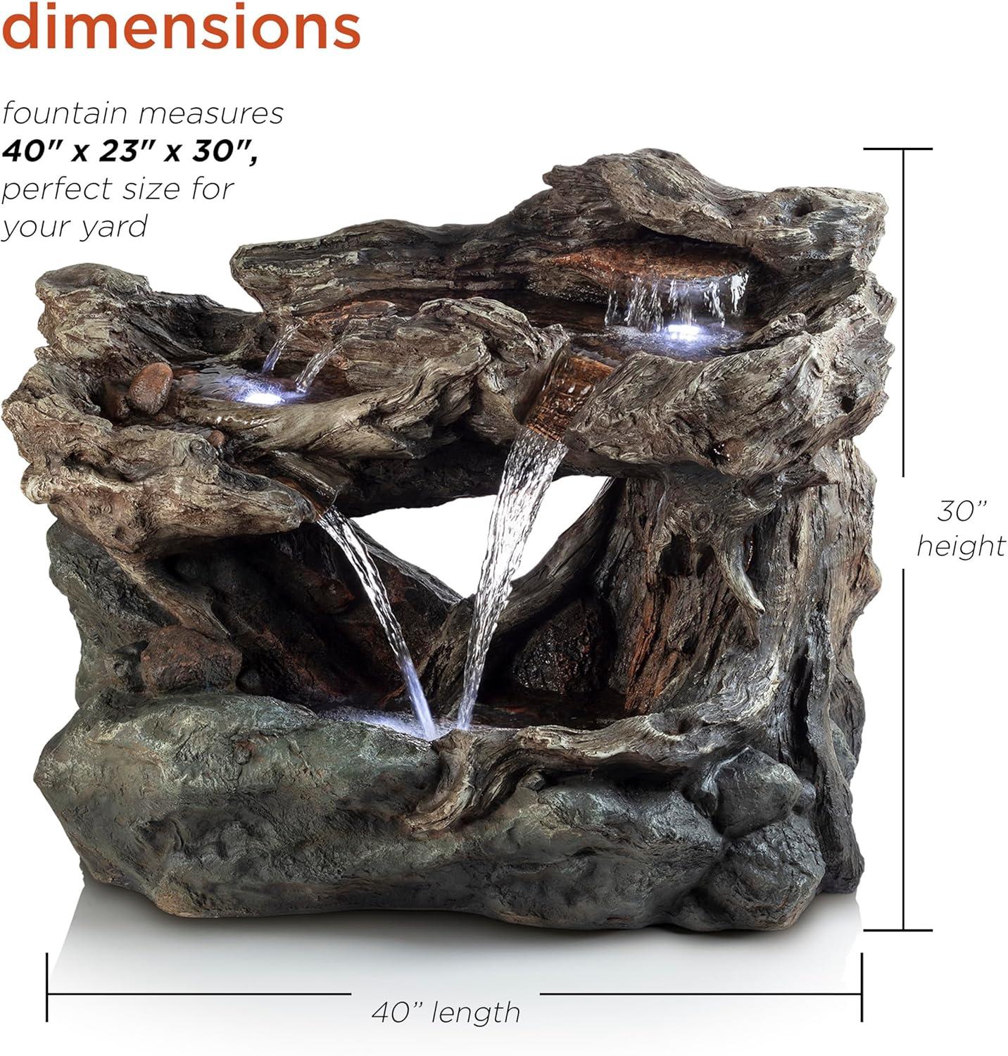 Alpine Corporation 40" x 23" x 30" Outdoor Polystone Light-Up Rainforest Plug-In Fountain, Brown