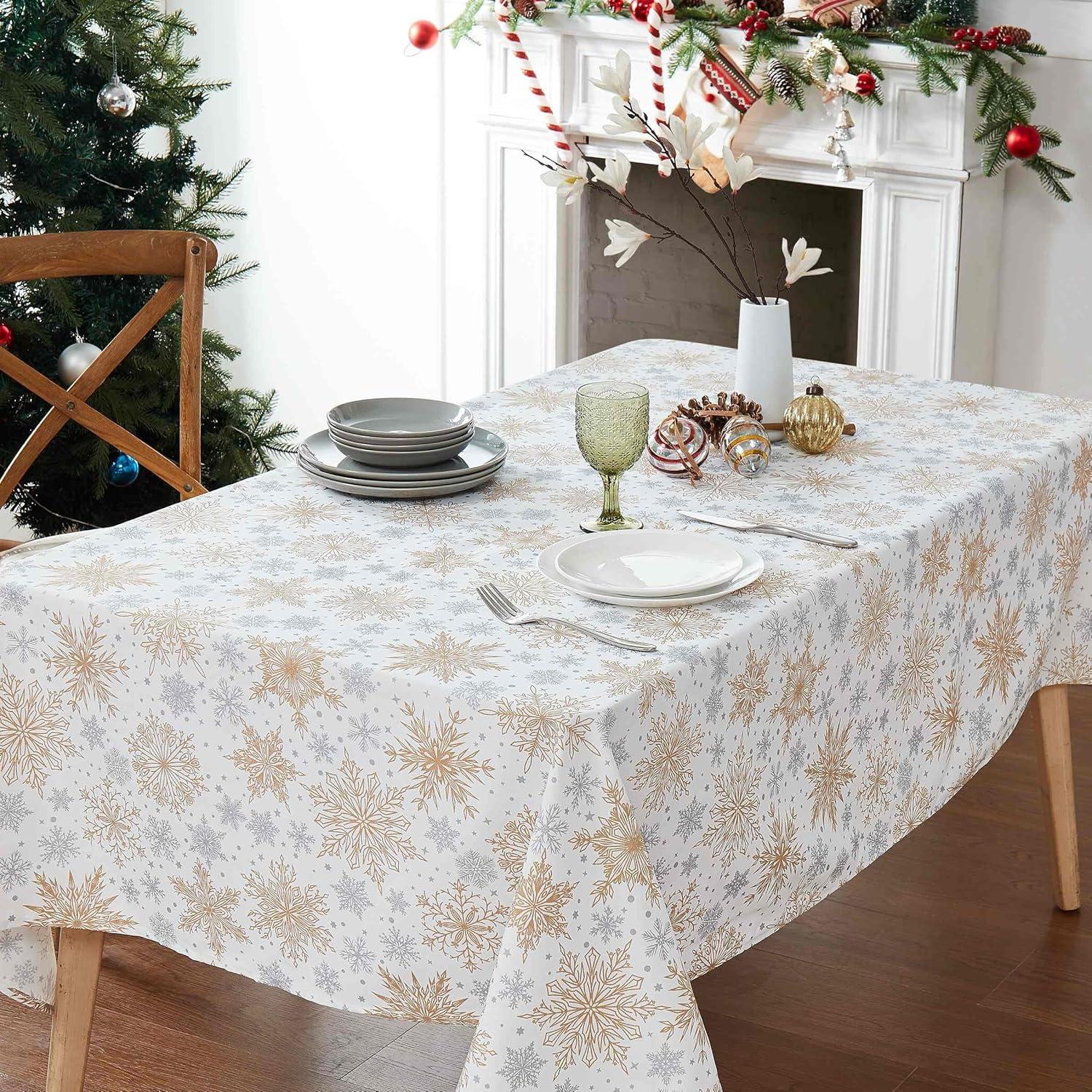 Gold and Silver Snowflakes Polyester Winter Tablecloth 52" x 70"