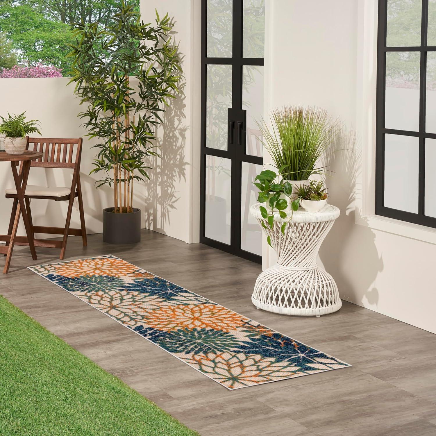Nourison Aloha Floral Bloom Flatweave High-Low Indoor Outdoor Runner Rug Blue Green 2' x 6'