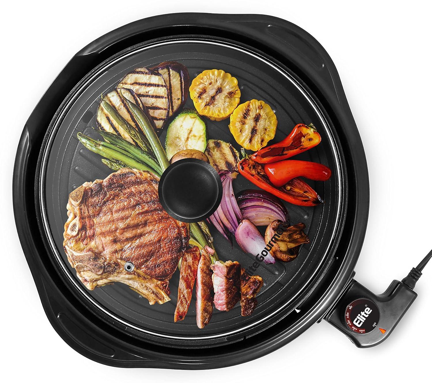 Elite Gourmet 11-inch Electric Indoor Grill with Tempered Glass Lid, Black