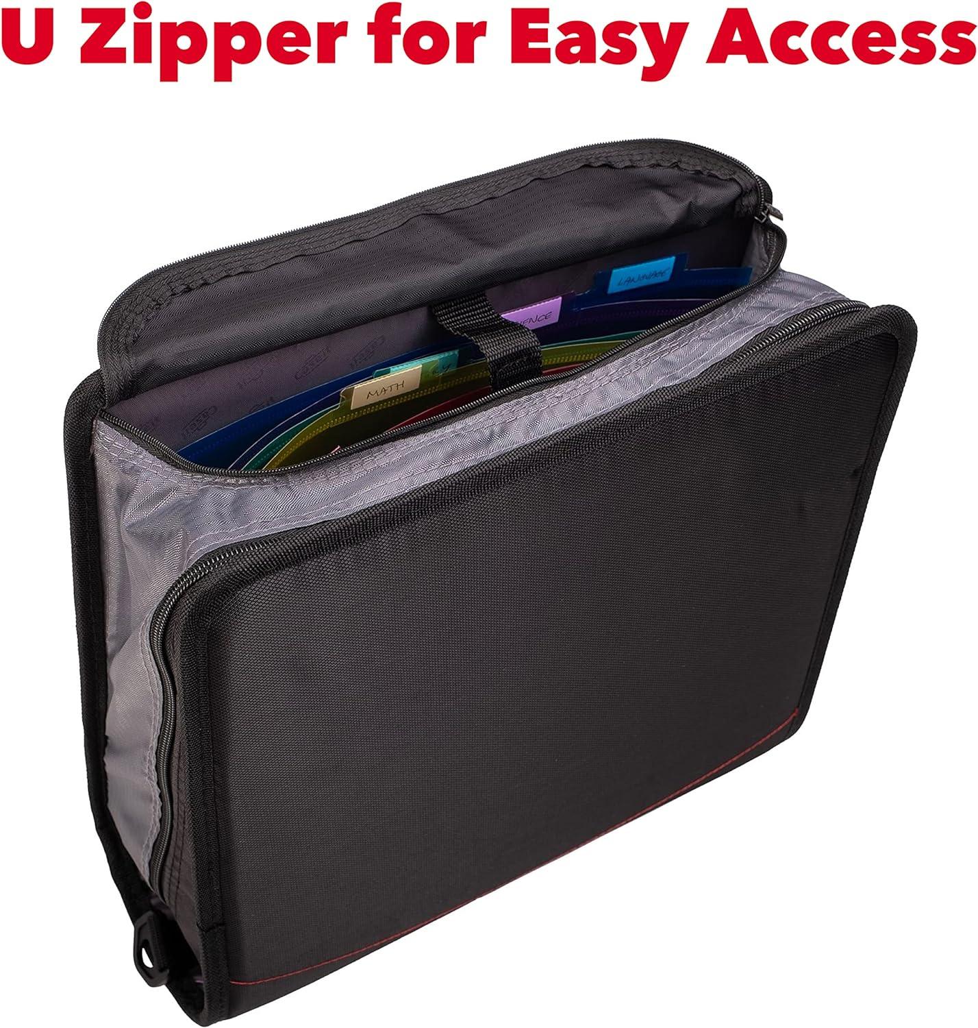 Case-it The King Sized Zip Tab Zipper Binder - 4 Inch D-Rings - 5 Subject File Folder - Multiple Pockets - 800 Sheet Capacity - Jet Black