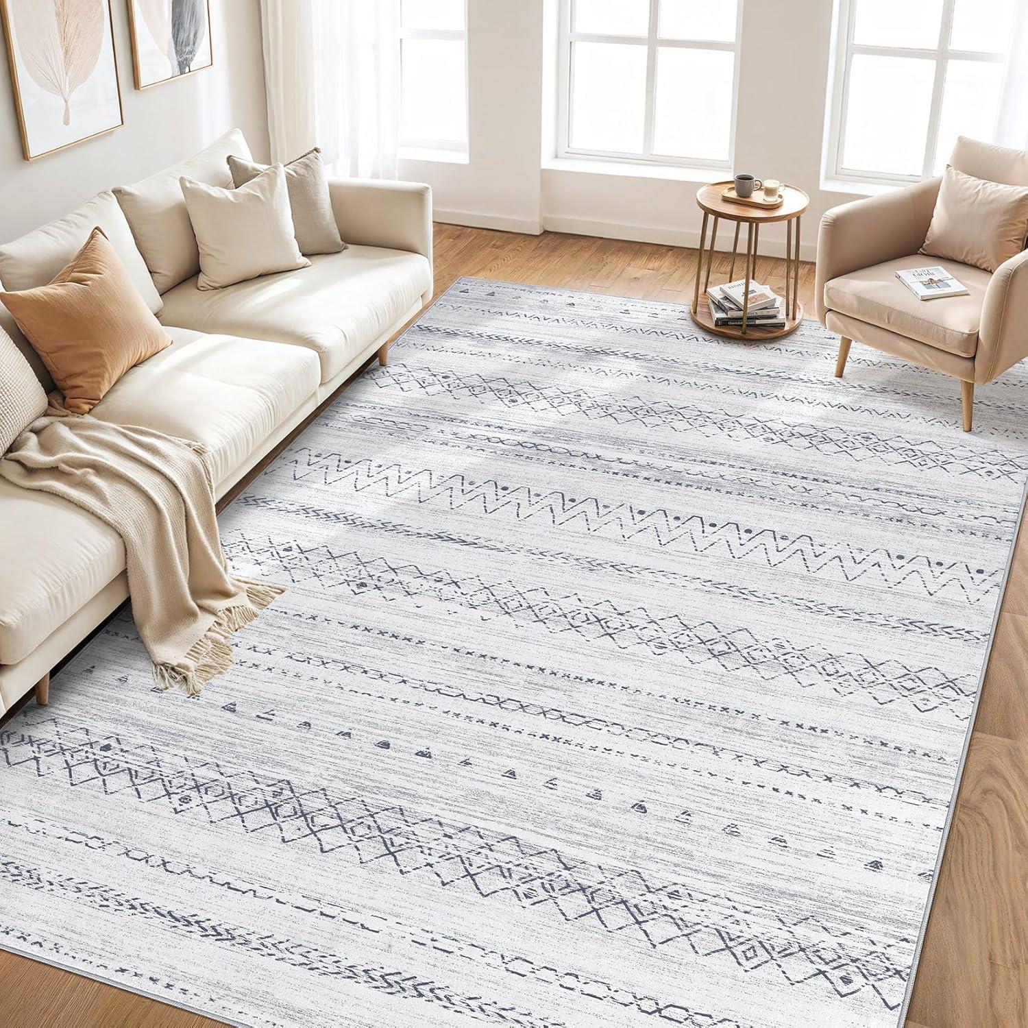 Large Living Room Area Rug 9x12: Soft Machine Washable Boho Moroccan Farmhouse Rugs for Bedroom Under Dining Table - Non-Slip Neutral Morden Indoor Floor Rug Carpet for Home Office Decor - Grey