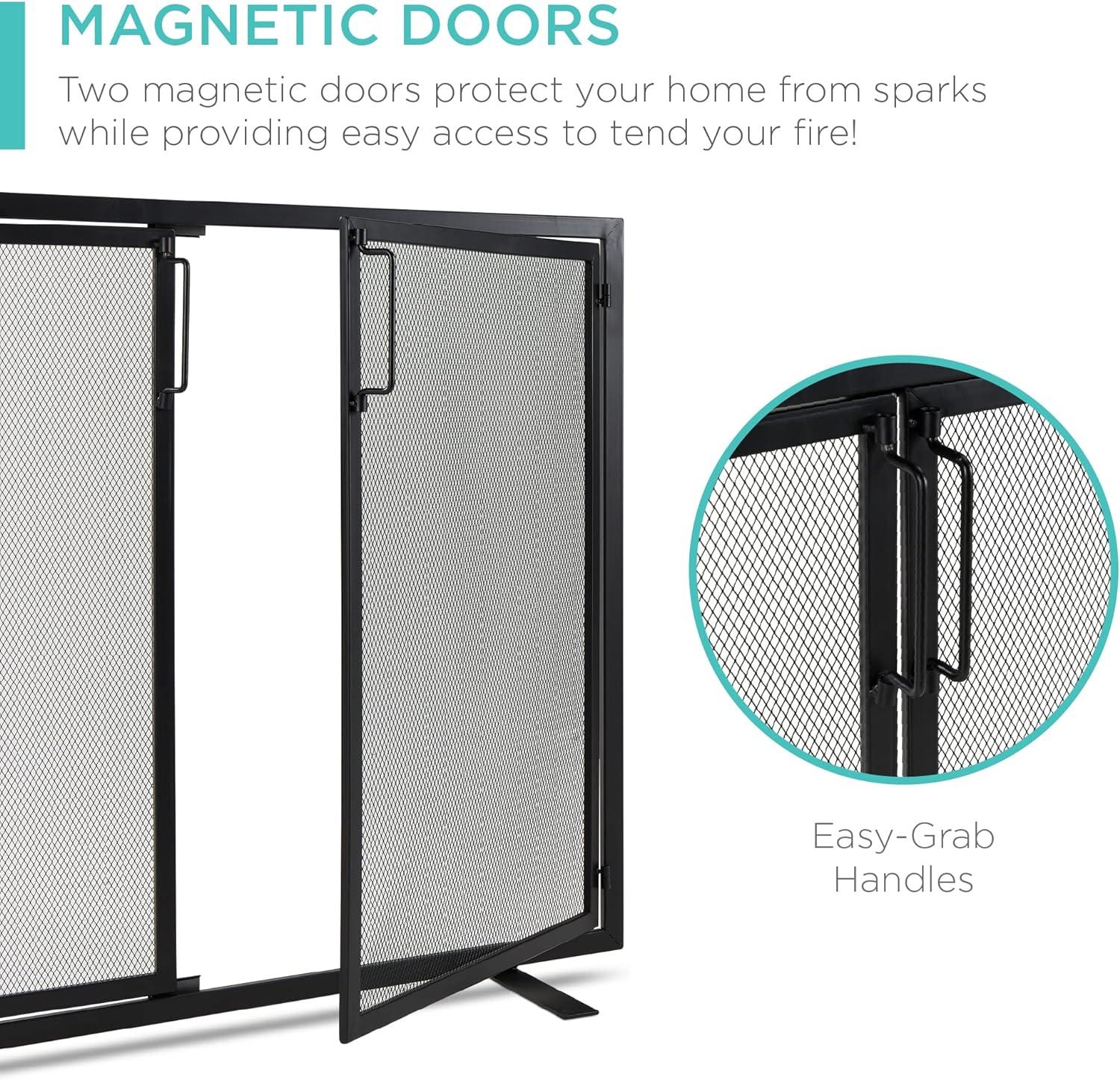 38.5 x 31 in 2-Door Fireplace Screen, Handcrafted Wrought Iron Spark Guard w/ Magnetic Doors