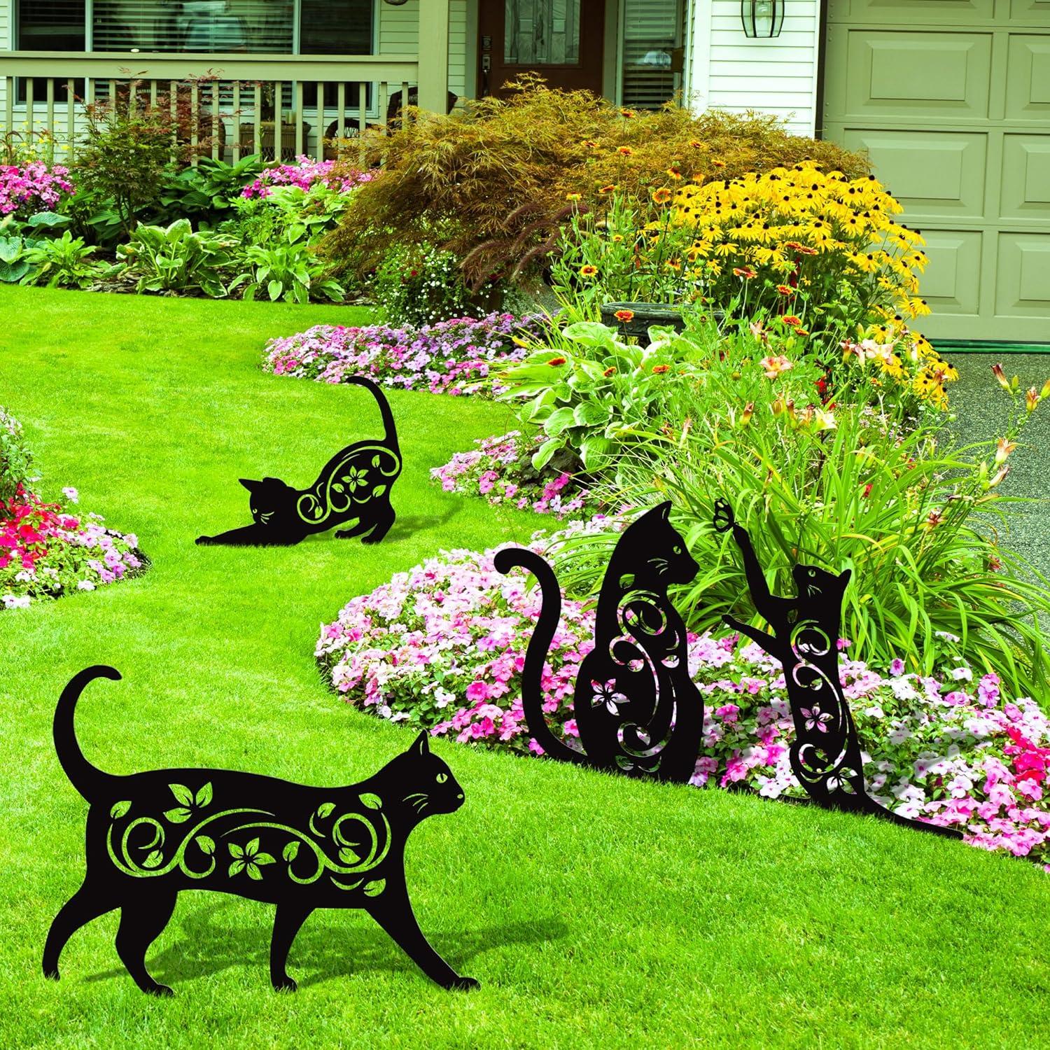 Elcoho 4 Pack Black Cat Silhouette Cute Metal Cat Garden Statues Bird Repellent Cat Decorative Garden Stakes for Yard, Garden, Lawn Outdoor Decorations