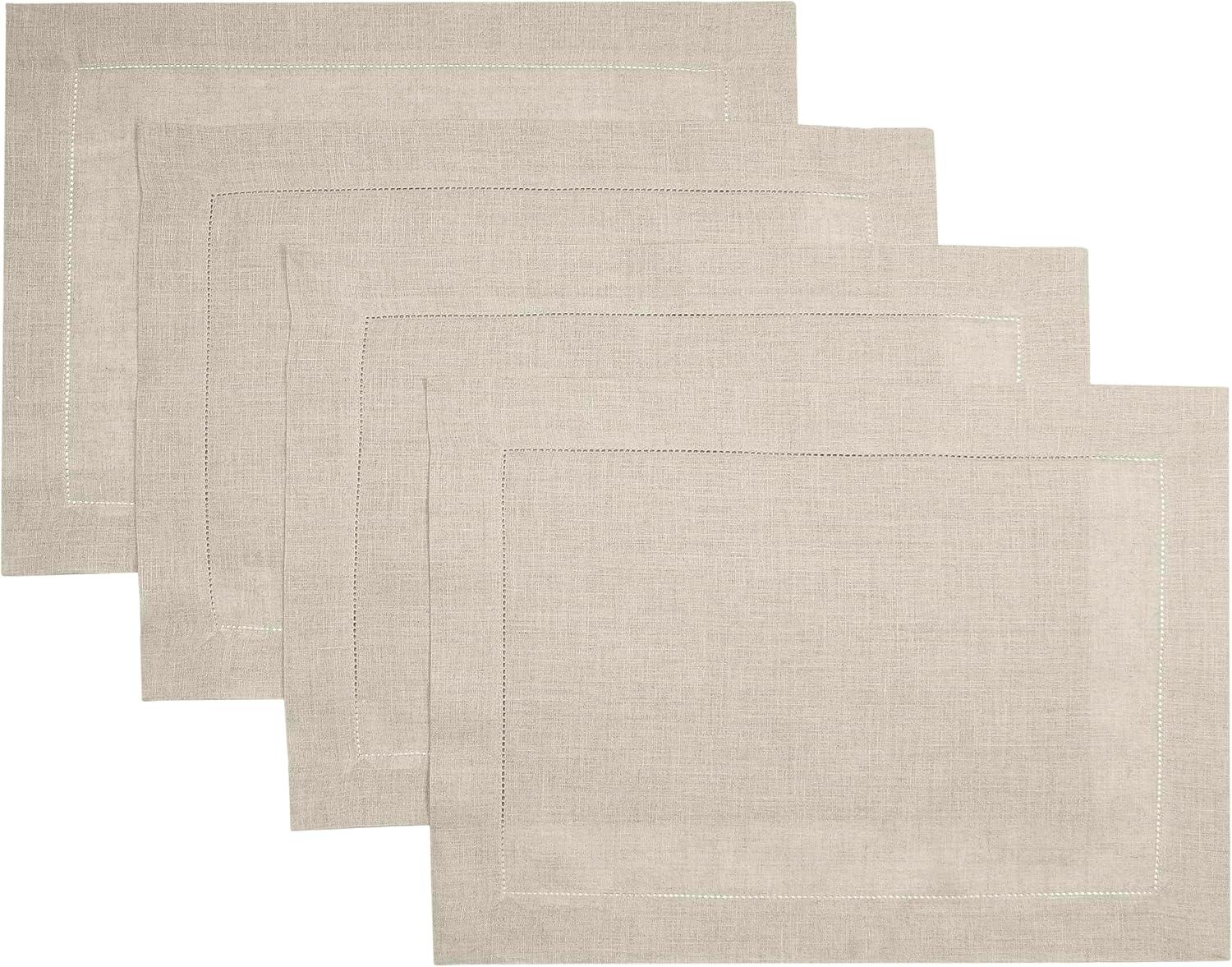 D’Moksha Homes 100% Pure Linen Hemstitch 14 x 19 Inch, Set of 4, Placemats - Vintage Natural Placemats, European Flax Natural Fabric Machine Washable, Handmade with Mitered Corners, Great Gift Choice