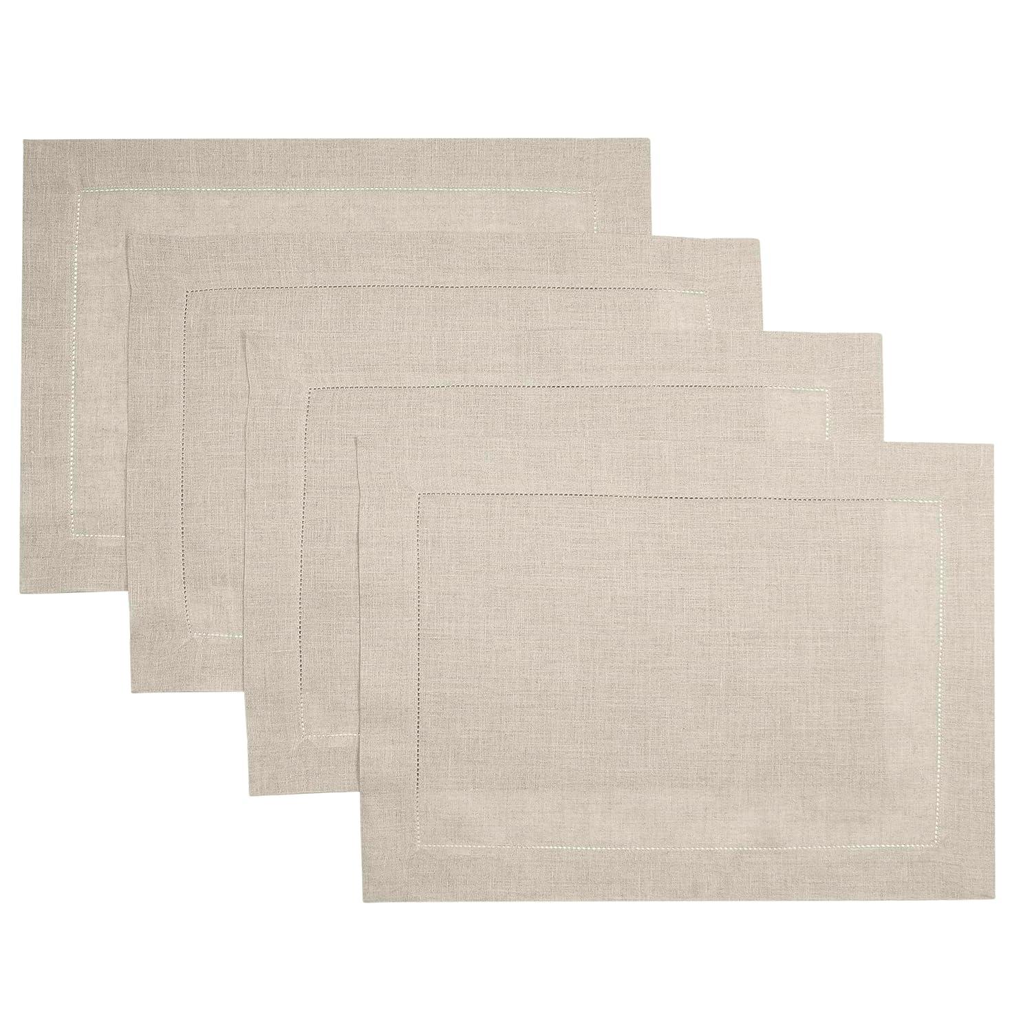 D’Moksha Homes 100% Pure Linen Hemstitch 14 x 19 Inch, Set of 4, Placemats - Vintage Natural Placemats, European Flax Natural Fabric Machine Washable, Handmade with Mitered Corners, Great Gift Choice
