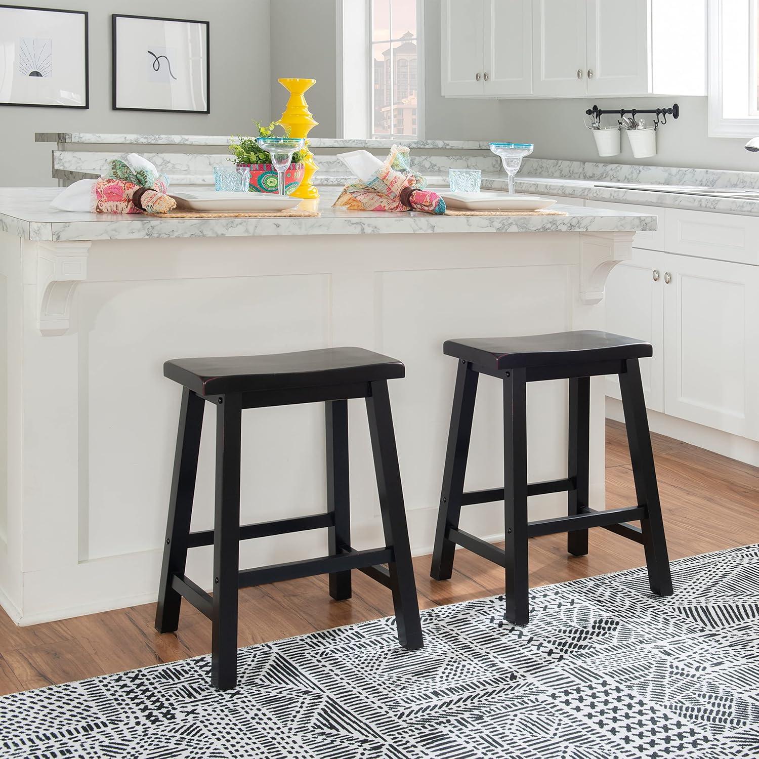 Linon Beamon 24" Sturdy Wood Backless Saddle Seat Counter Stool in Antique Black