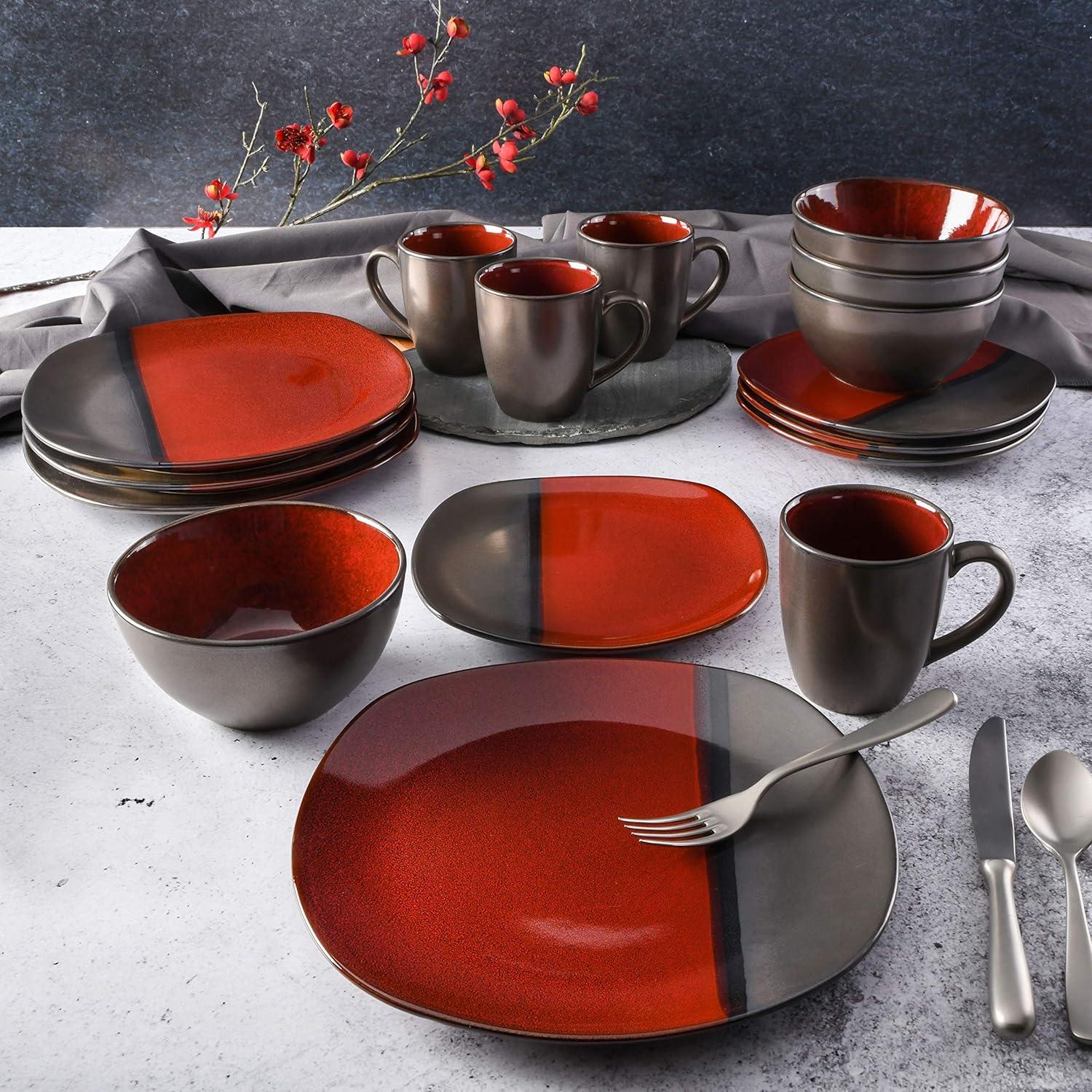 Gibson Elite Volterra 16 Piece Soft Square Stoneware Dinnerware Set in Red and Metallic Gray