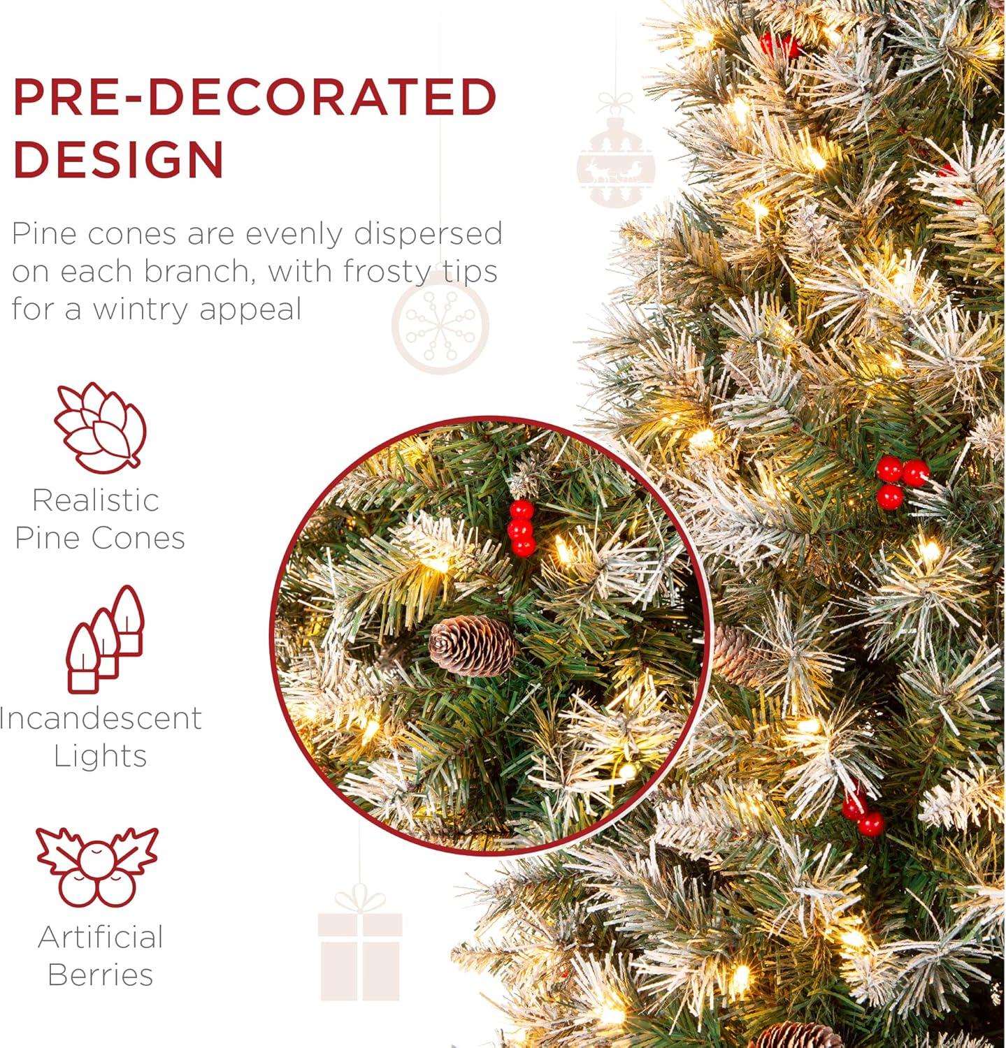 Best Choice Products Pre-Lit Pencil Christmas Tree, Pre-Decorated, Frosted w/ Flocked Tips, Lights, Base