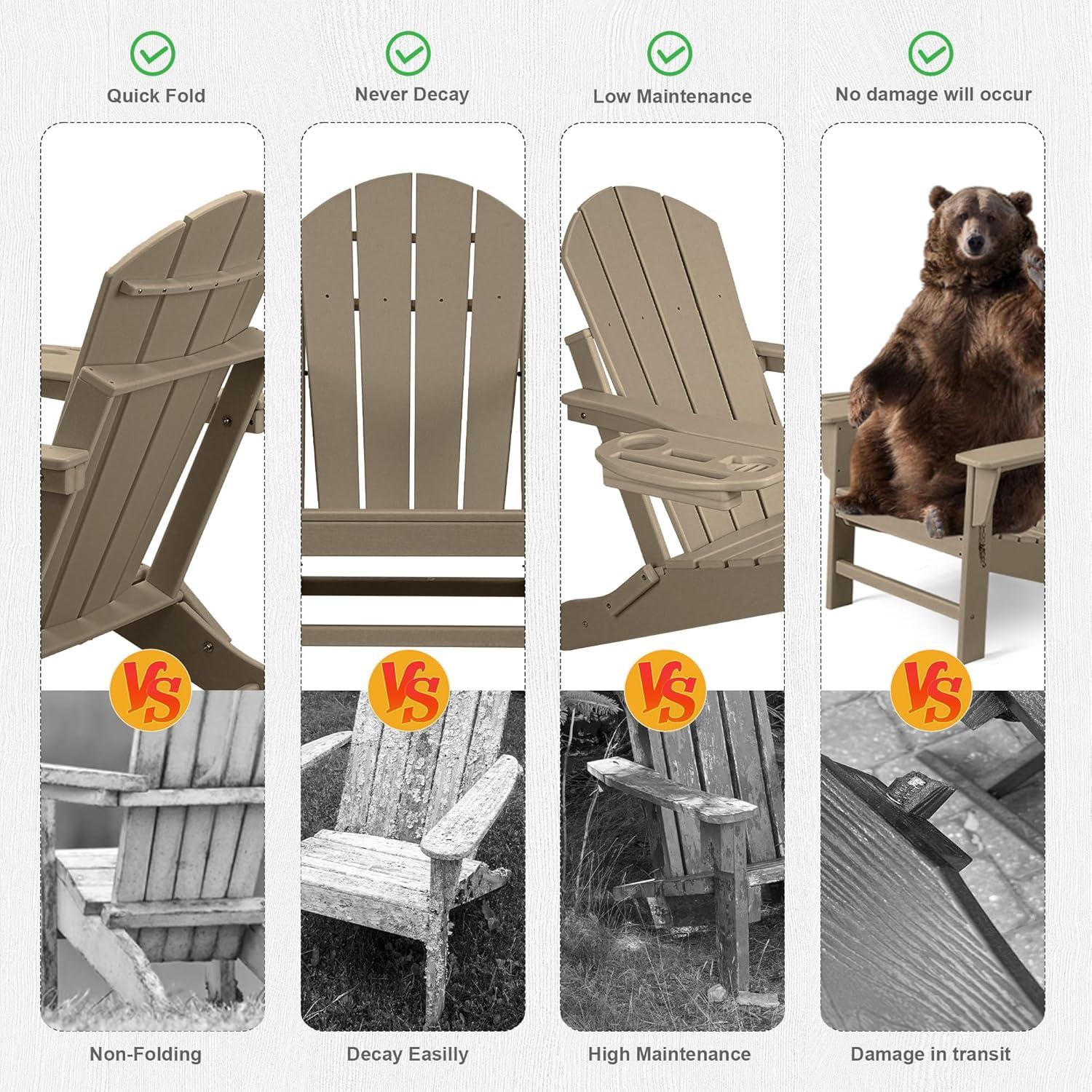 Folding Adirondack Lawn Chairs Set of 4 for Outdoor Patio Garden, Weather Wood