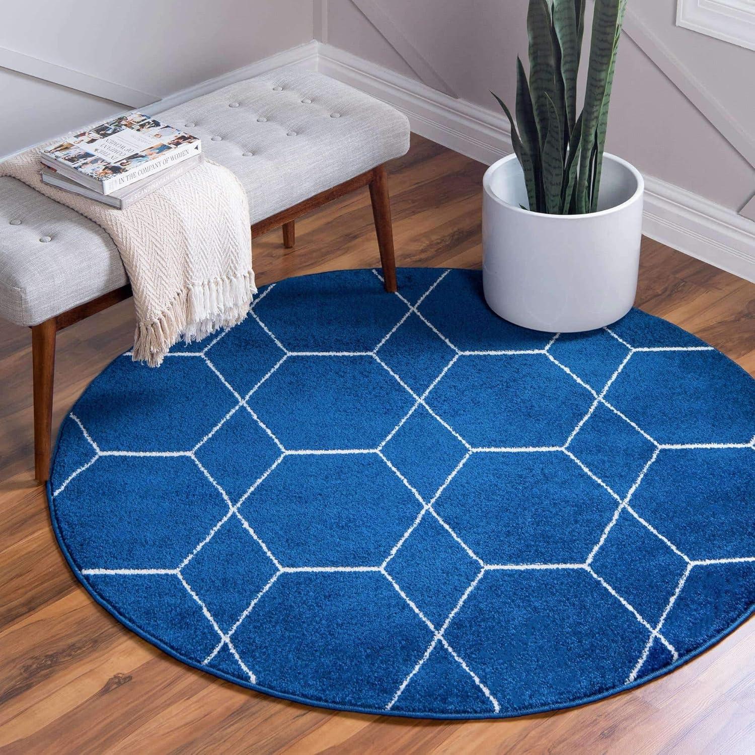 Navy Blue 7' Round Trellis Frieze Synthetic Area Rug