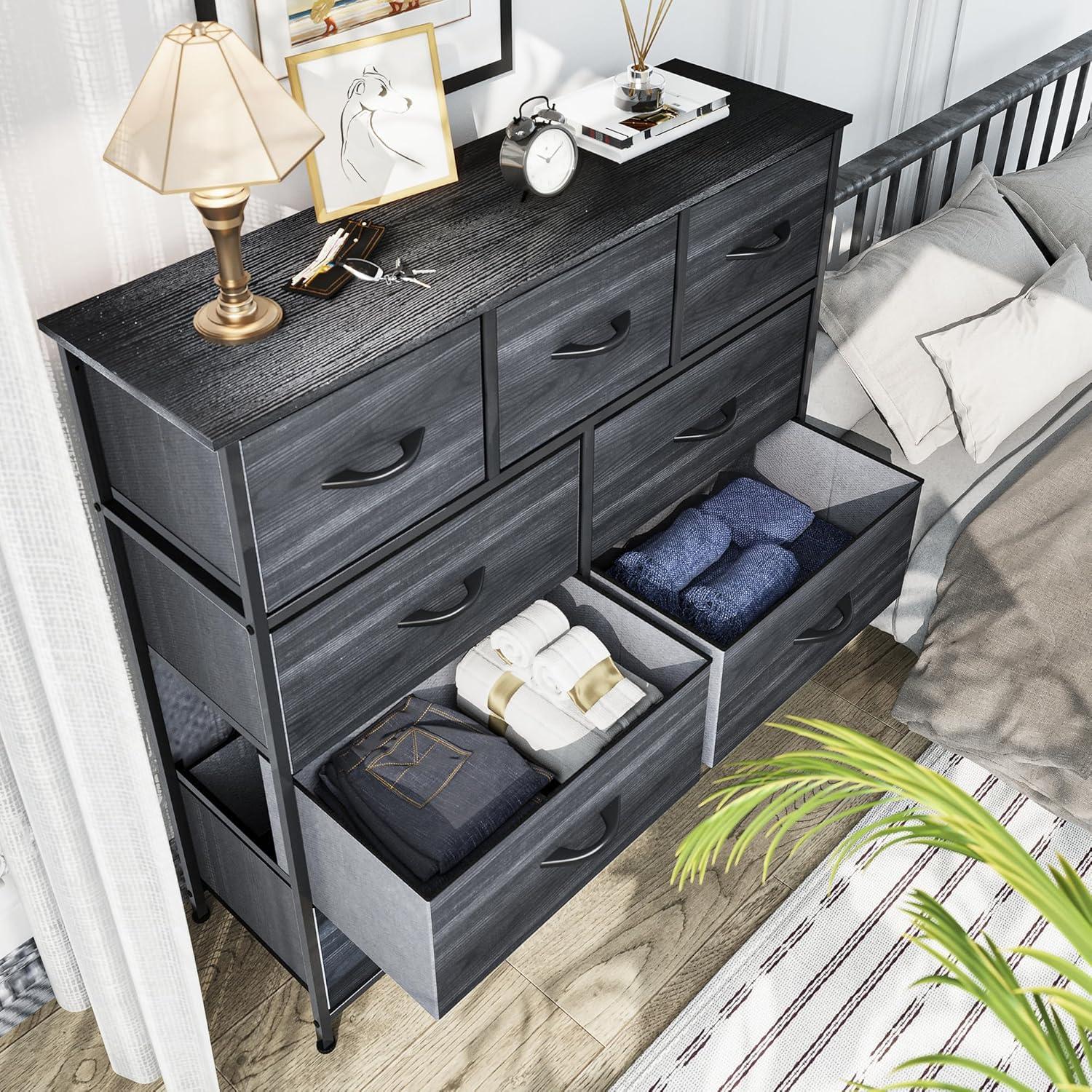 SYTHERS Dresser for Bedroom with 9 Drawers, Fabric Dresser Storage Organizer Unit with Fabric Bins, Fabric Dresser for Living Room, Closet, Hallway, Dark Gray