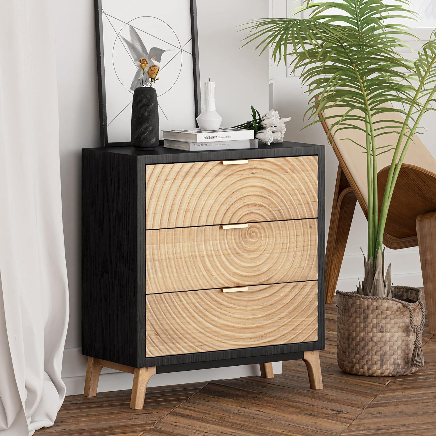 Black and Natural Wood 3-Drawer Nightstand with Ring Motif