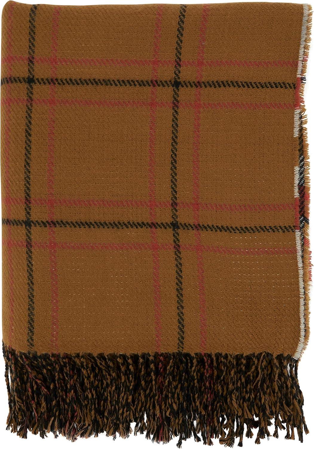 Rust Plaid Reversible Acrylic Throw Blanket with Fringe