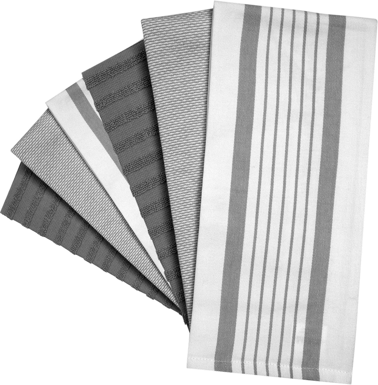 Gray Striped Cotton Terry Kitchen Towel Set, 20x28 Inches, 6 Pack