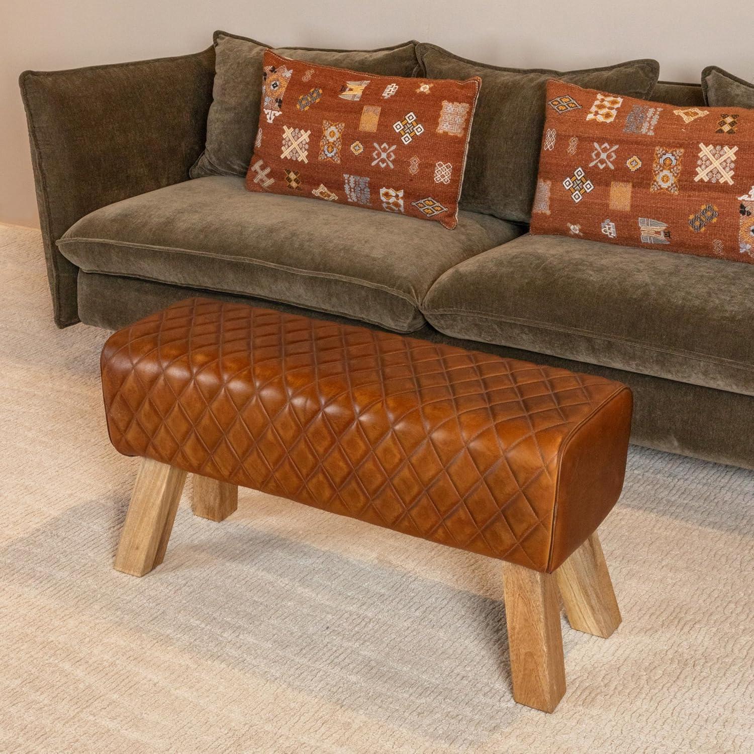 Storied Home Stitched Leather Bench Brown: Upholstered Rectangular Ottoman, Mango Wood Frame, No Assembly Required