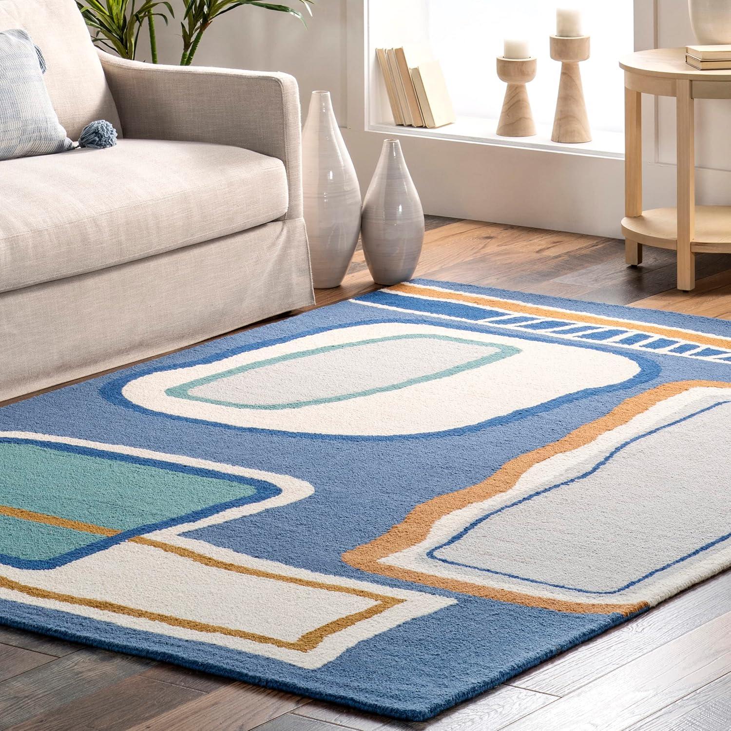 Nuloom Terica Abstract 4x6 Wool Indoor Area Rug for Living Room Bedroom Dining Room Kitchen, Blue/Ivory