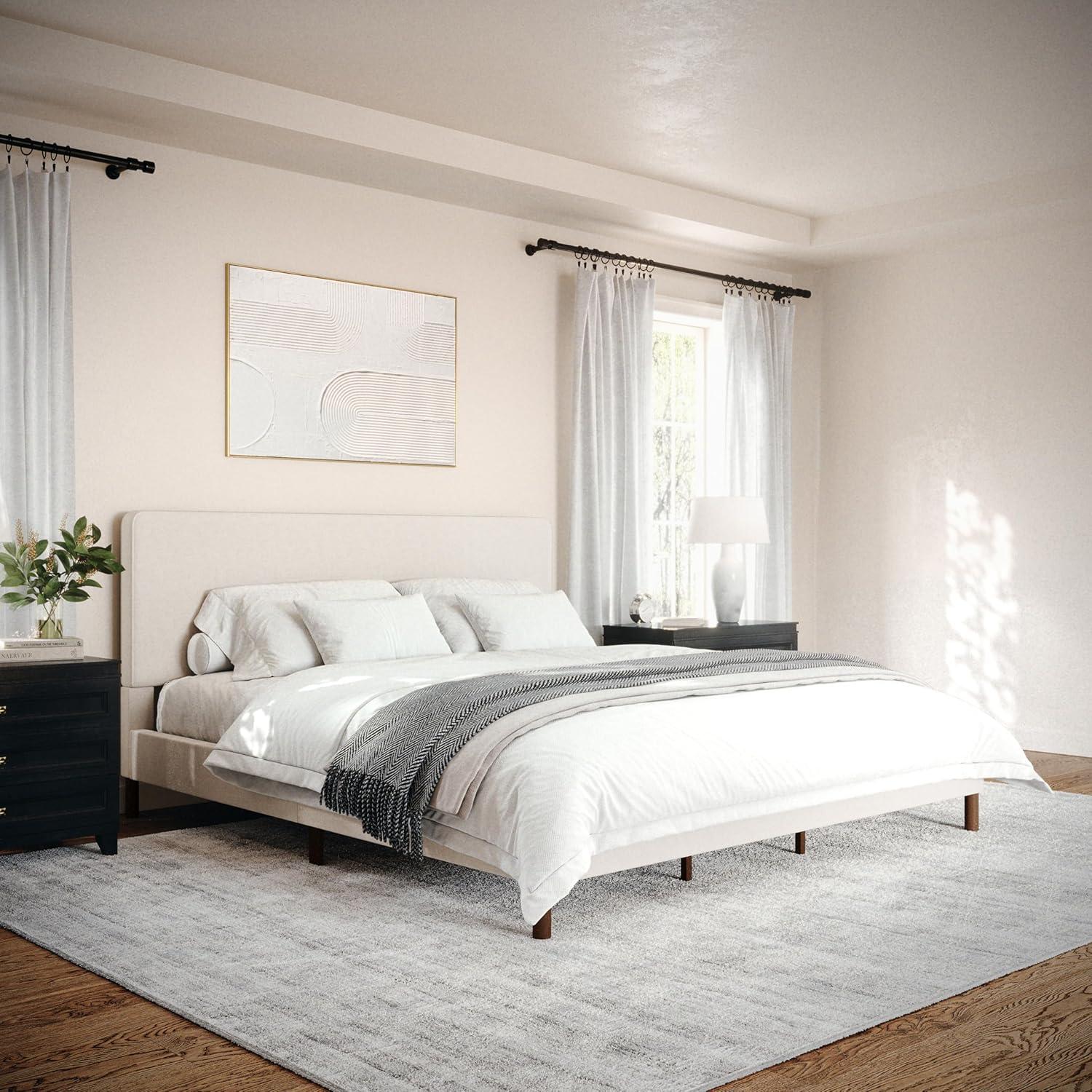 Martha Stewart Britta Upholstered Platform Bed With Piped Detail Headboard