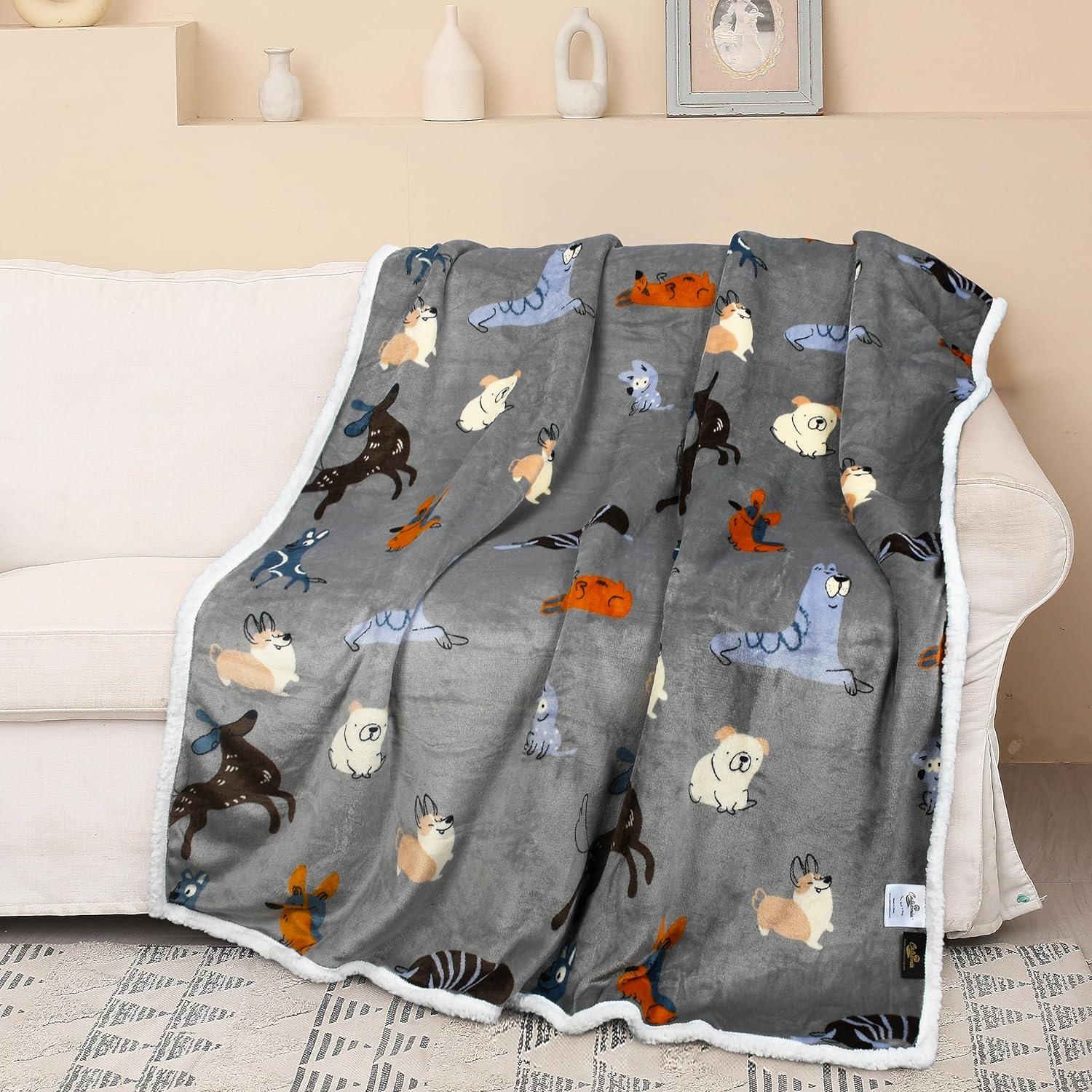 Catalonia Grey Dog Print Reversible Sherpa Fleece Blanket 50" x 60"