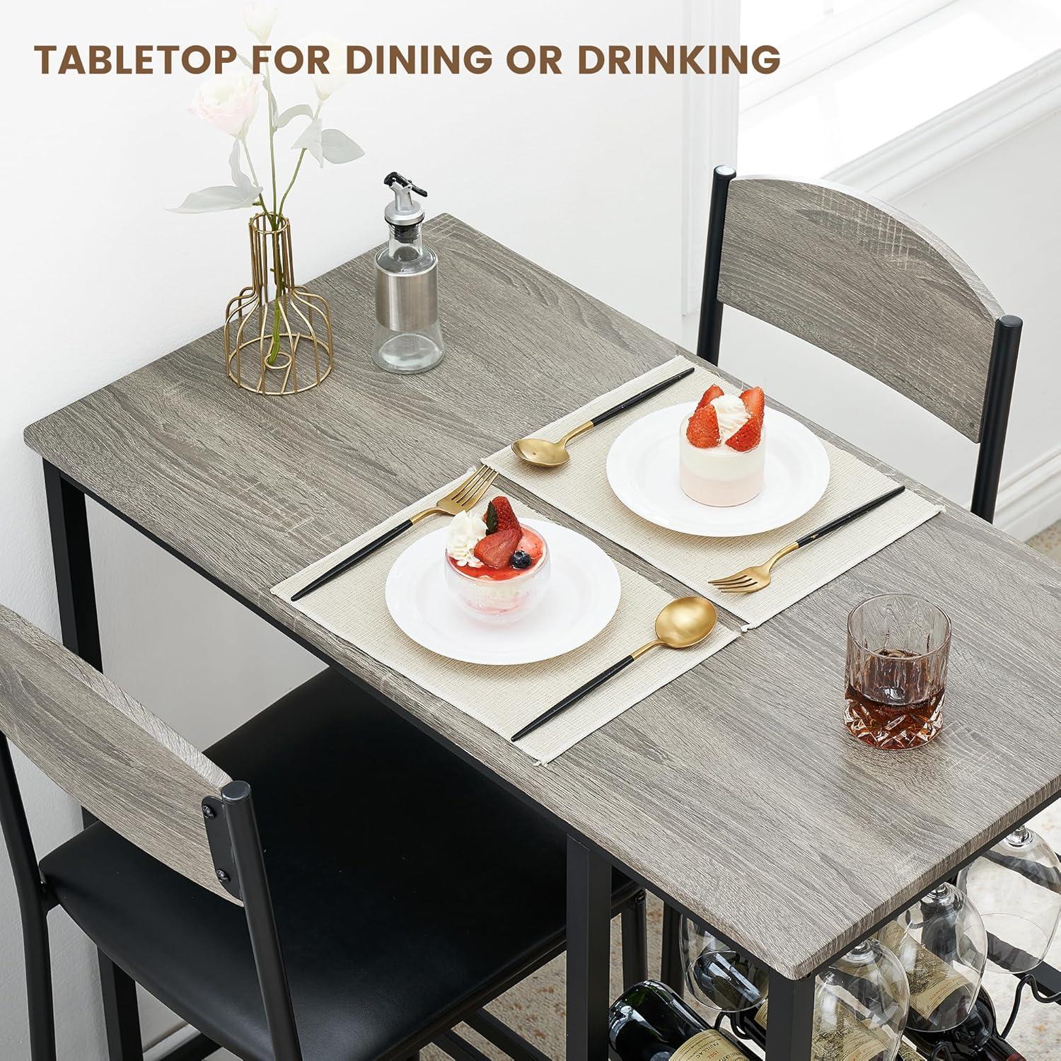 Bar Table Set for 2 with Footrest, Kitchen Dining Table with 2 Upholstered Chairs, Small Space Counter Height Barstools for Counter Bar, Sturdy and Durable, Easy to Assemble, Gray