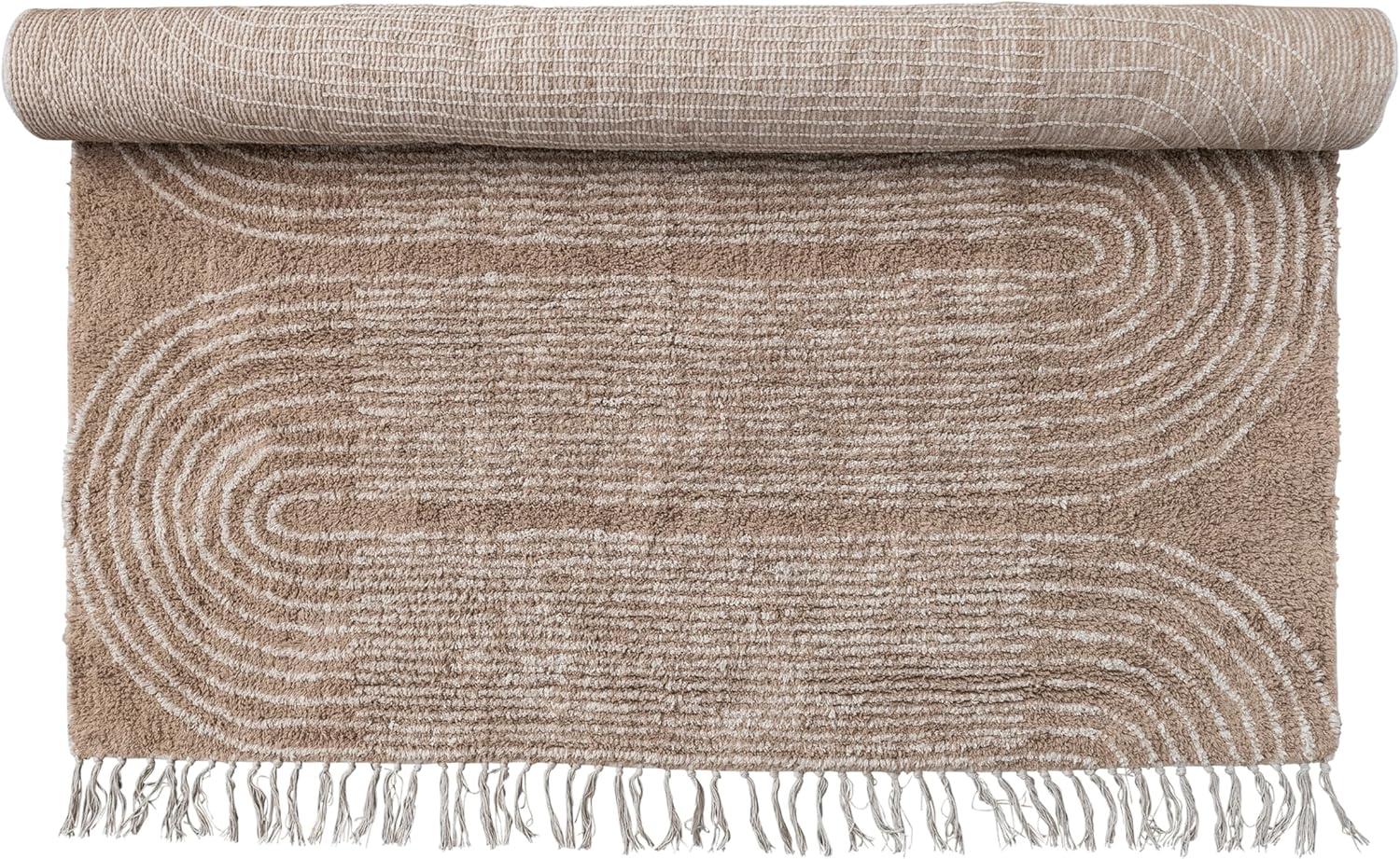 Brown Tufted Wool and Cotton Geometric Rug with Fringe