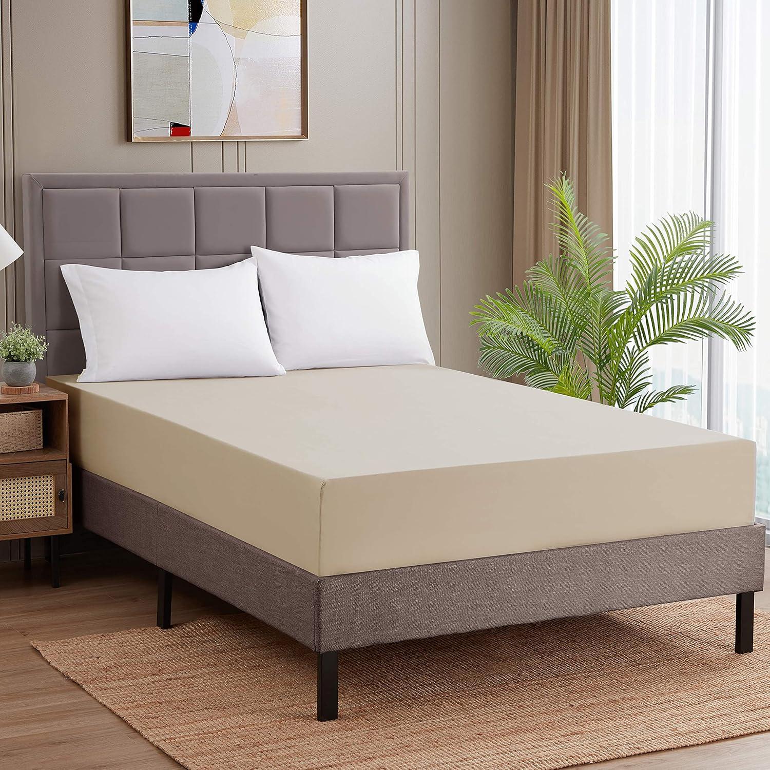 Fitted Sheet Brushed Microfiber Bottom Sheets with Built in Sheet Straps by Sweet Home Collection® - Twin, Beige