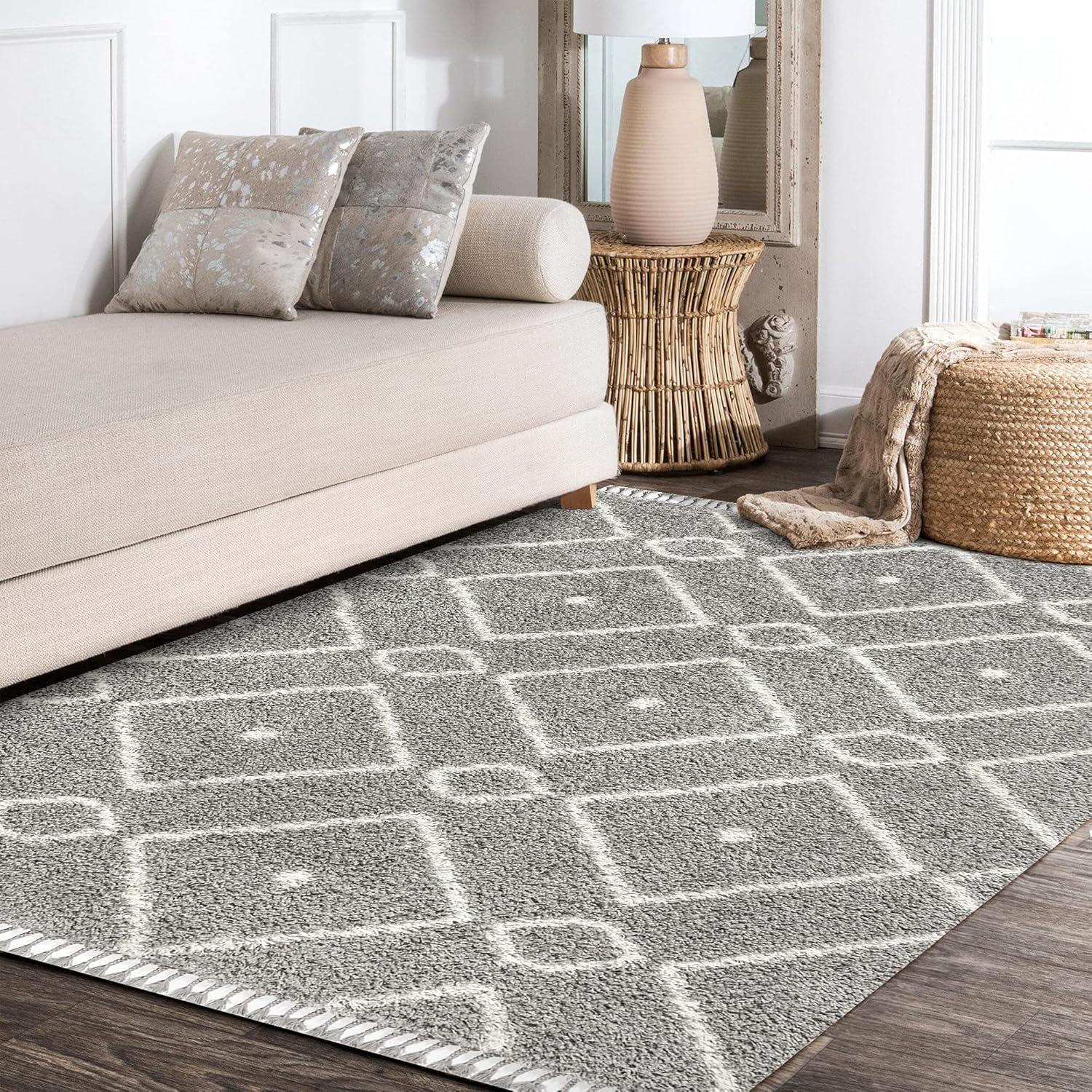 5'x8' Mercer Shag Plush Tassel Moroccan Diamond Area Rug, Grey/Cream - JONATHAN Y