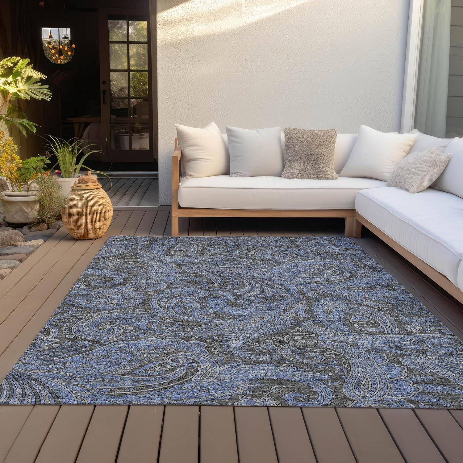 Charcoal and Blue Synthetic Washable Indoor Outdoor Rug 3' x 5'