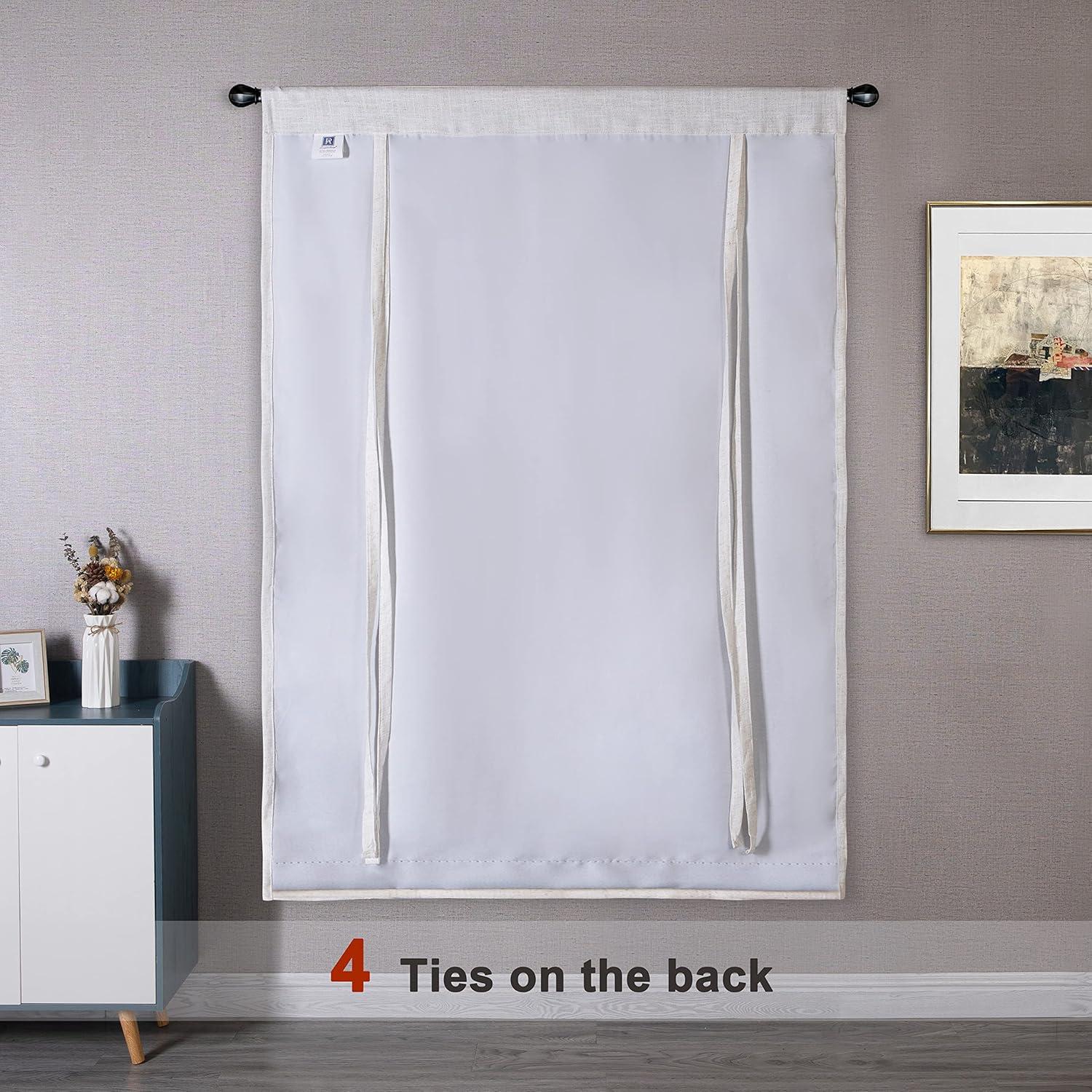 DriftAway Blackout Linen Textured Solid Basic Room Darkening Tie Up Curtain Adjustable Balloon Rod Pocket, 31" x 47", Ivory