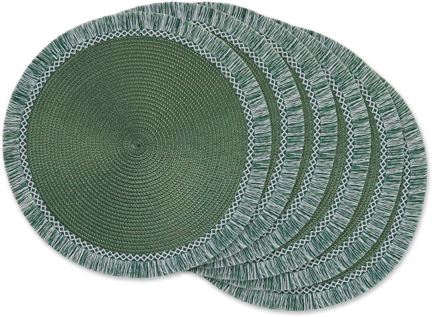 Dark Green Round Vinyl Fringed Placemats, Set of 6