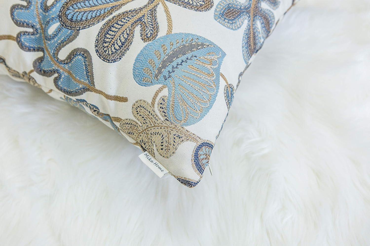 Set of 2 Blue Cream Jacquard Tropical Leaf Throw Pillow Covers 20x20 Inches